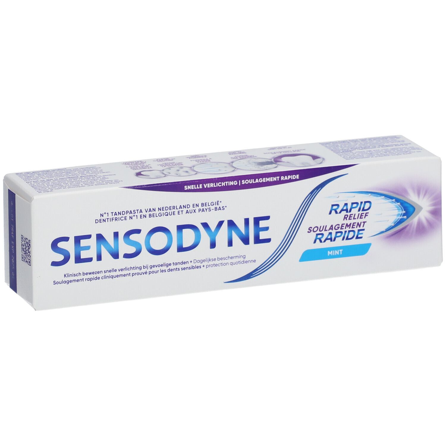 Tandpastadoos, wit, blauw Sensodyne-logo en Rapid Relief. Muntsmaak.
