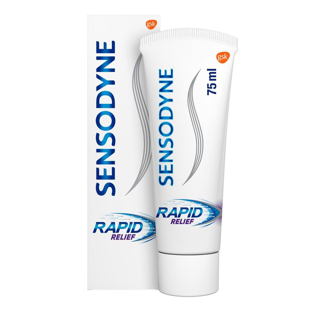 Zahncreme-Tube und Schachtel. Beide weiß mit blauer Schrift. "Sensodyne Rapid Relief" sichtbar.