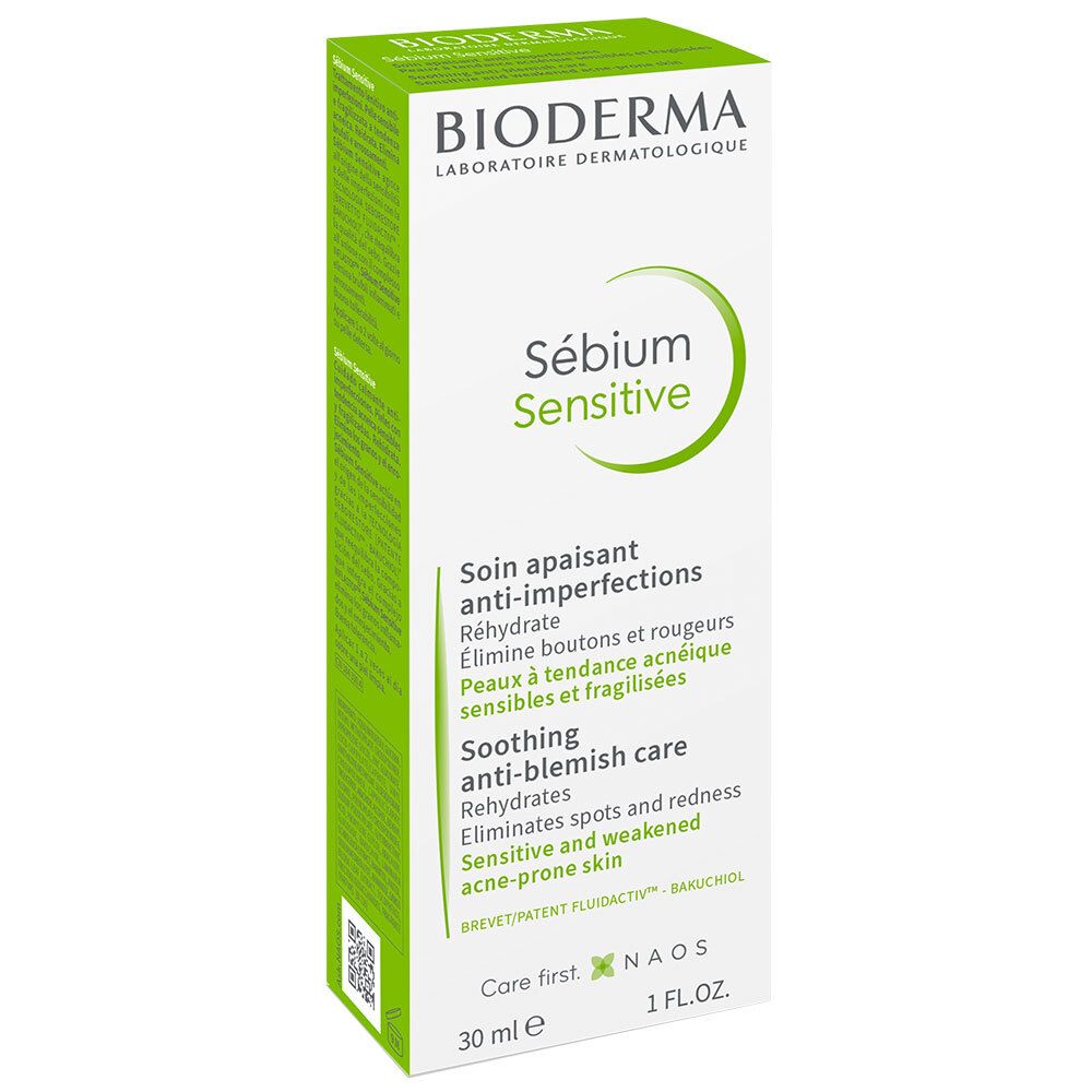 Boîte verte avec texte blanc. Inscription : BIODERMA Sébium Sensitive. Texte : Soin apaisant anti-imperfections. 30 ml.