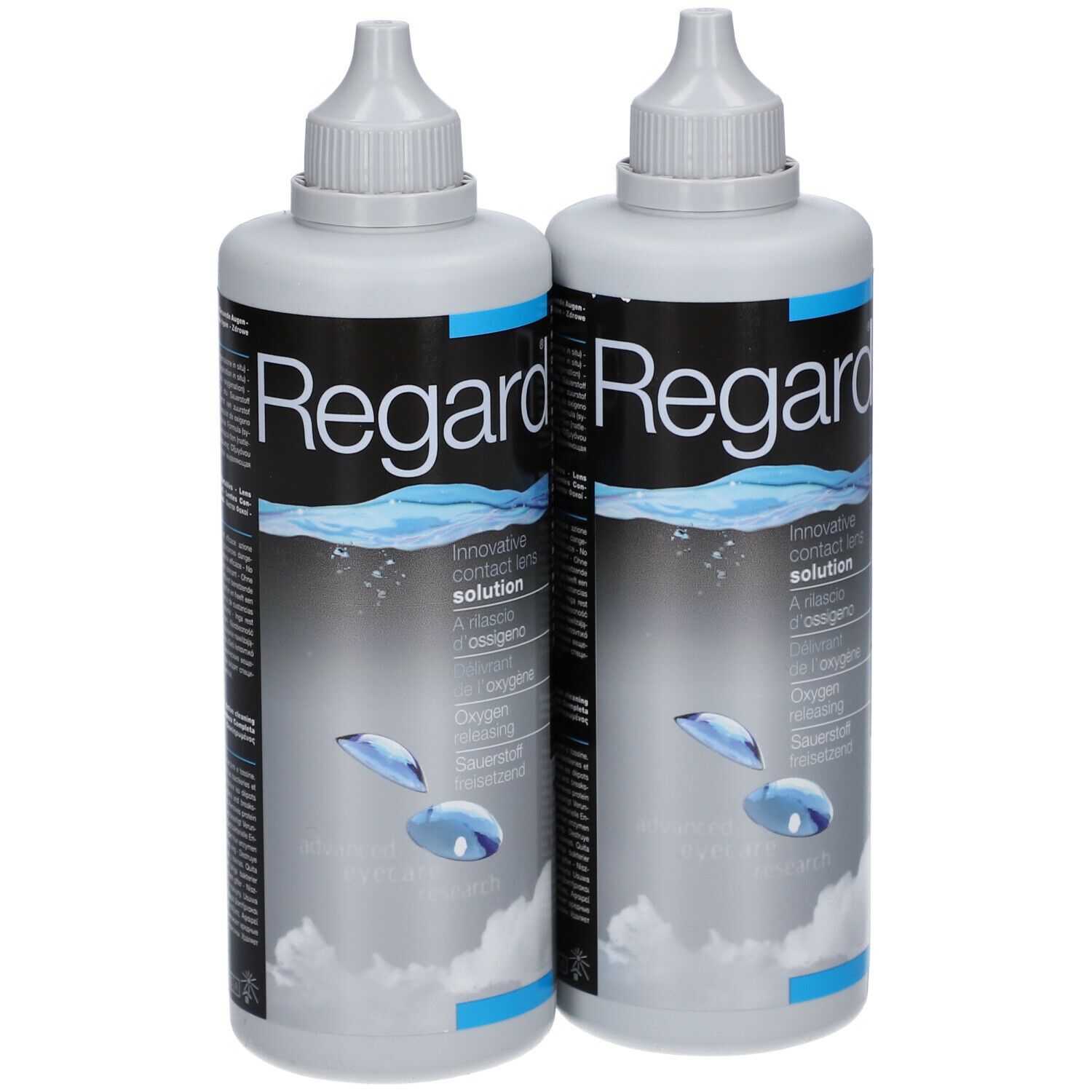 Twee flessen Regard contactlensvloeistof. Grijze flessen met witte doppen. Opschrift: innovative contact lens solution.