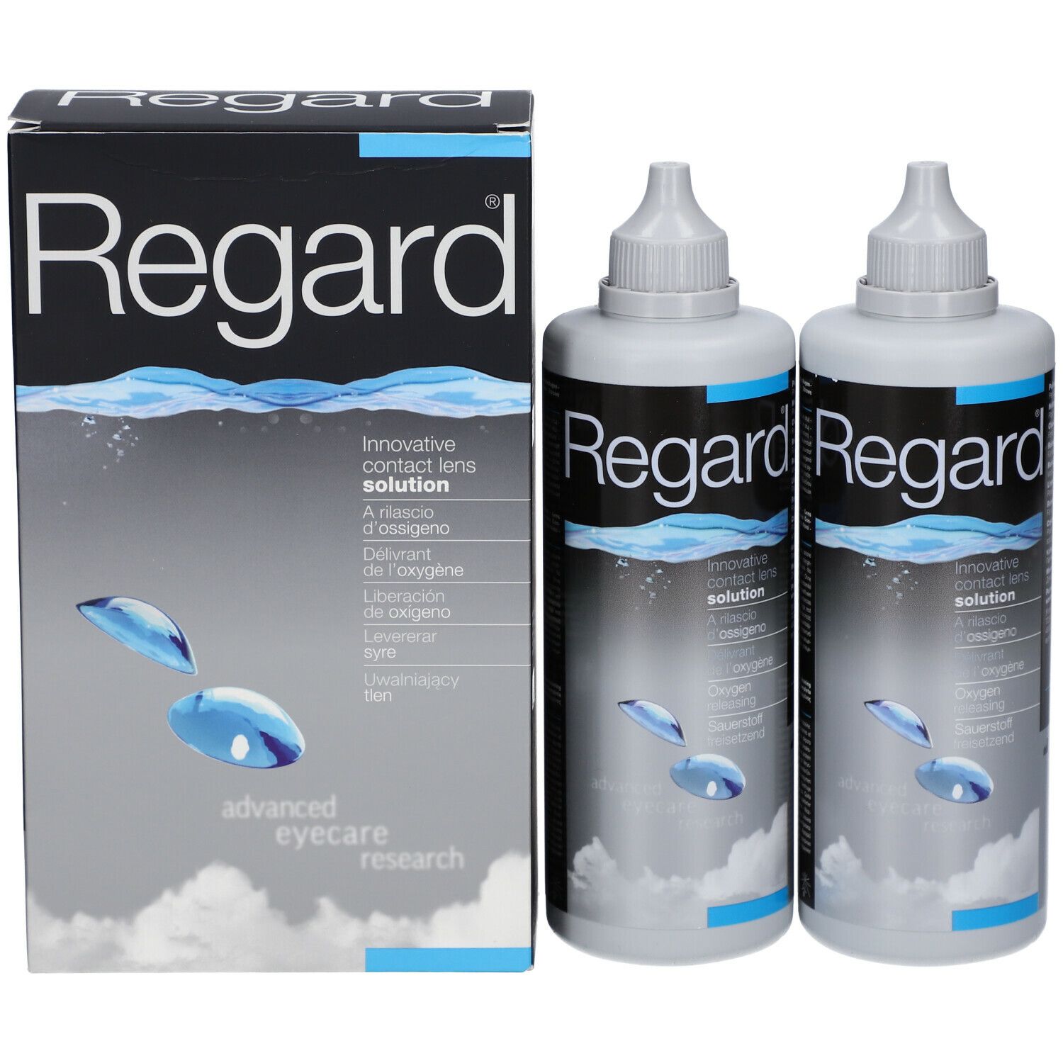 Verpakking en twee flessen Regard contactlensvloeistof. Grijze flessen met witte doppen. Opschrift: innovative contact lens solution.