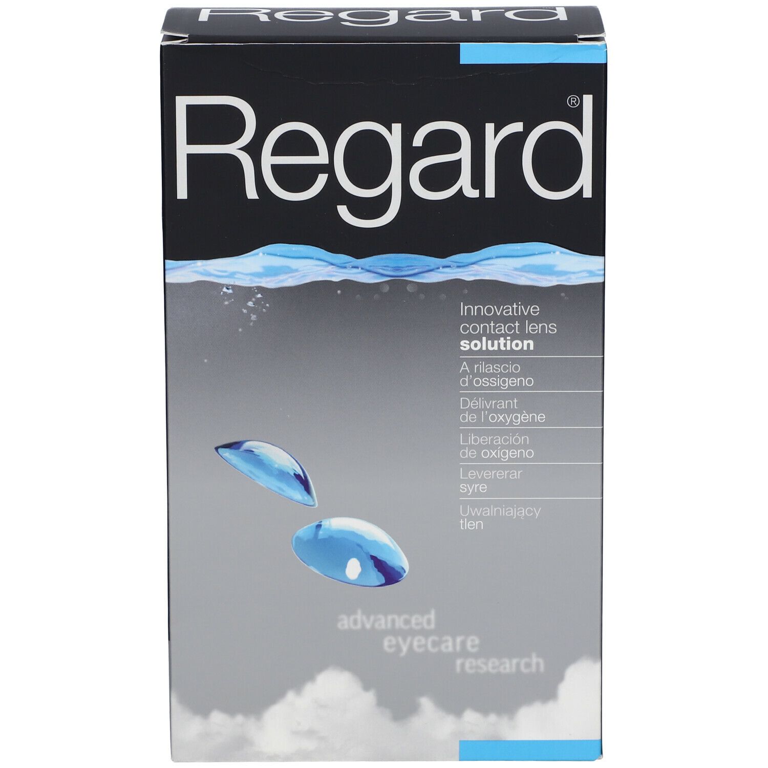 Verpakking Regard contactlensvloeistof. Grijze verpakking met opschrift: innovative contact lens solution.