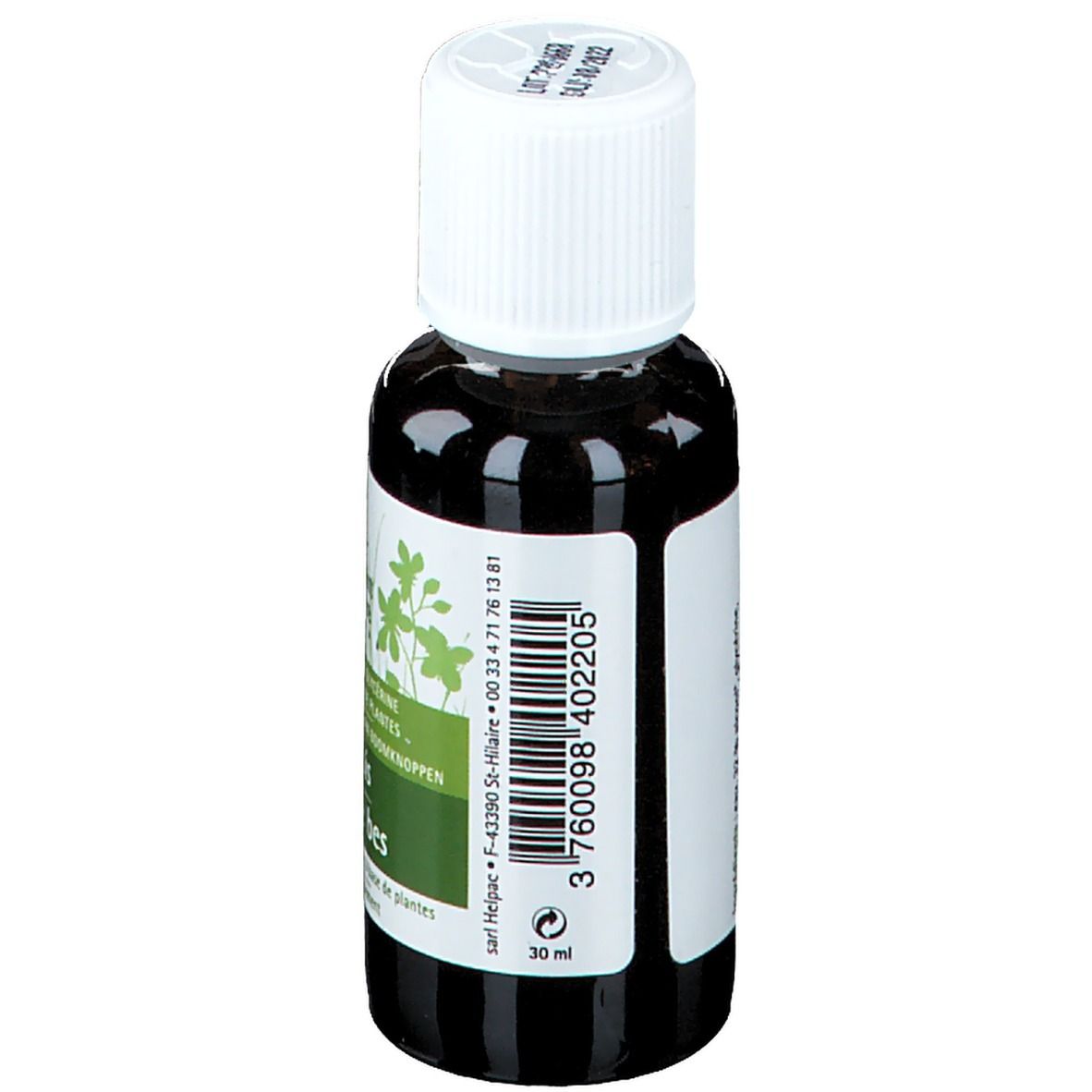 Braune Glasflasche mit weißem Deckel. Seitenansicht mit Etikett und Barcode. Text: 30 ml.