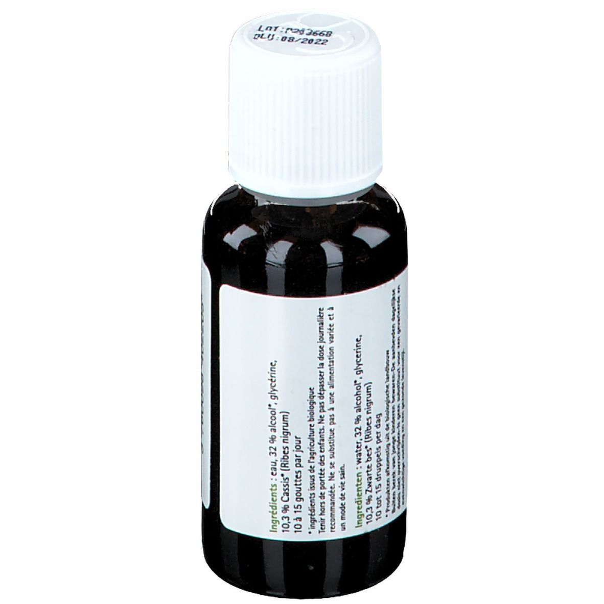 Braune Glasflasche mit weißem Deckel. Etikett mit Inhaltsstoffen. Text: eau, 32 % alcool, glycérine, Cassis.