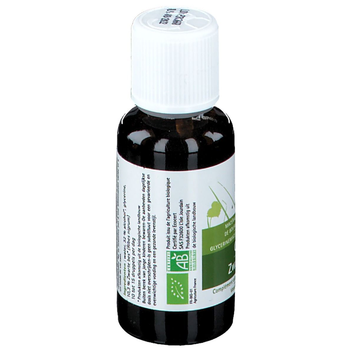 Braune Glasflasche mit weißem Deckel. Etikett mit Produktinformationen und Bio-Siegel. Text: Cassis, Zwarte bes.