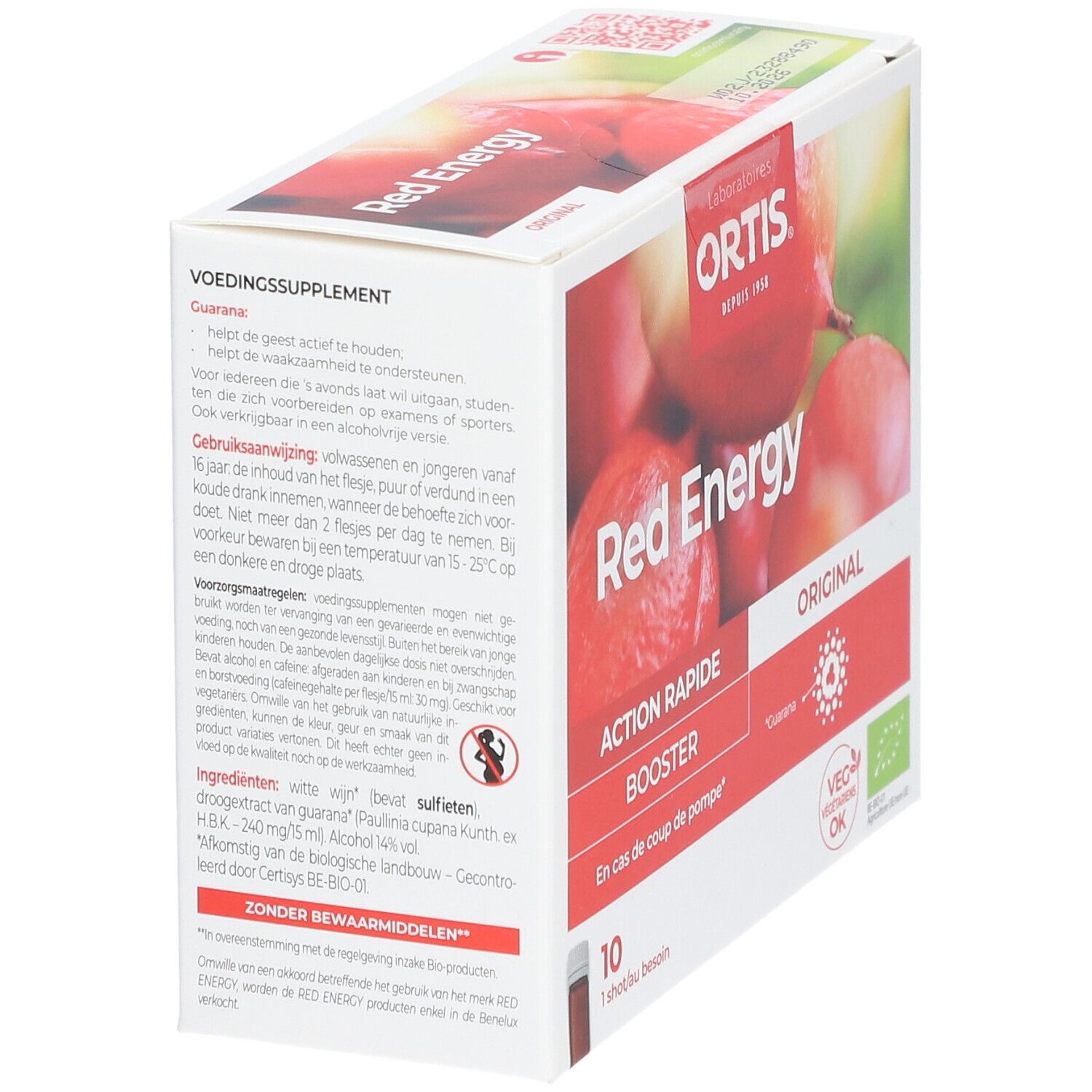 Boîte Ortis® Red Energy. Texte rouge sur fond blanc. 10 shots. Label végétarien. Vue en angle.