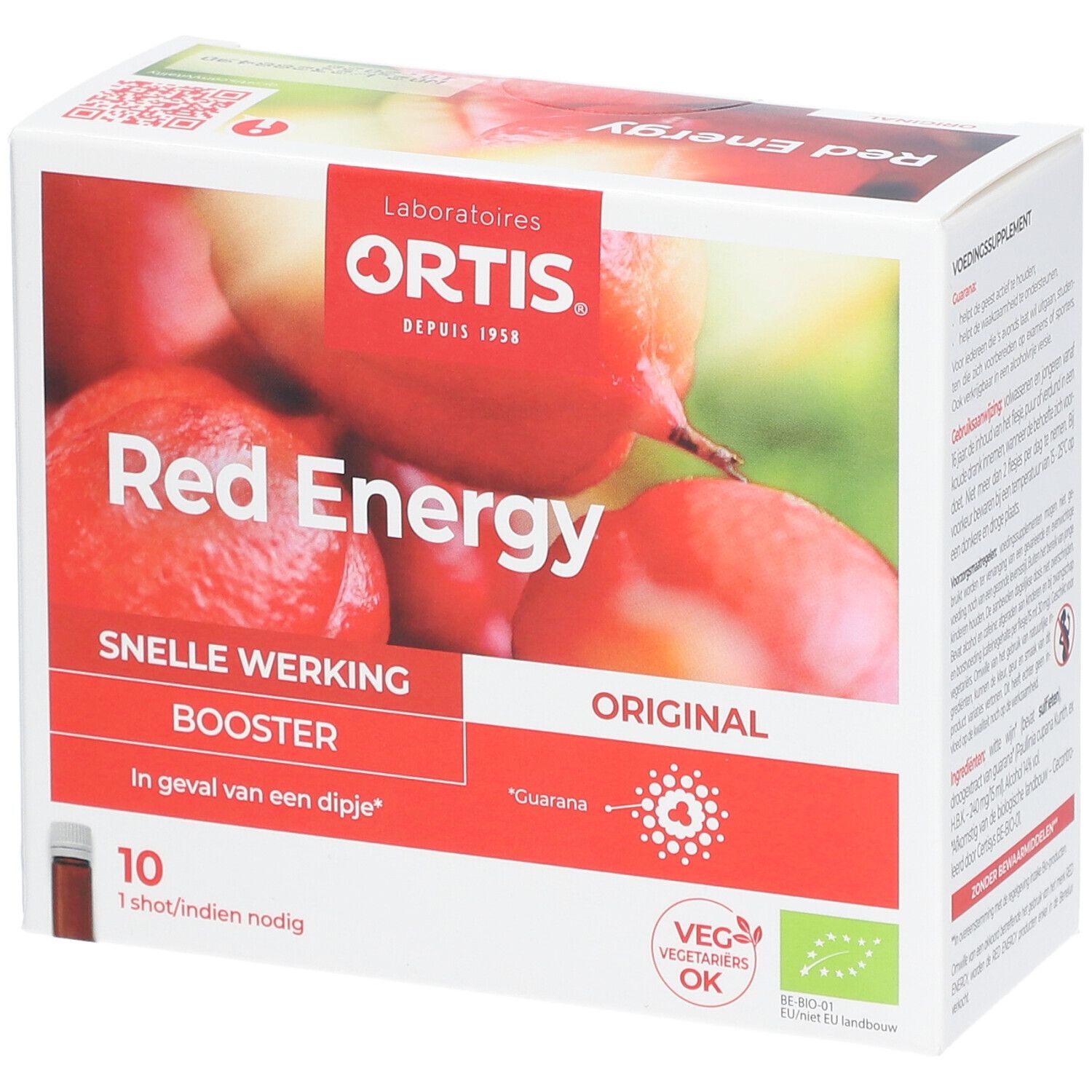 Boîte Ortis® Red Energy. Texte rouge sur fond blanc. 10 shots. Label végétarien.