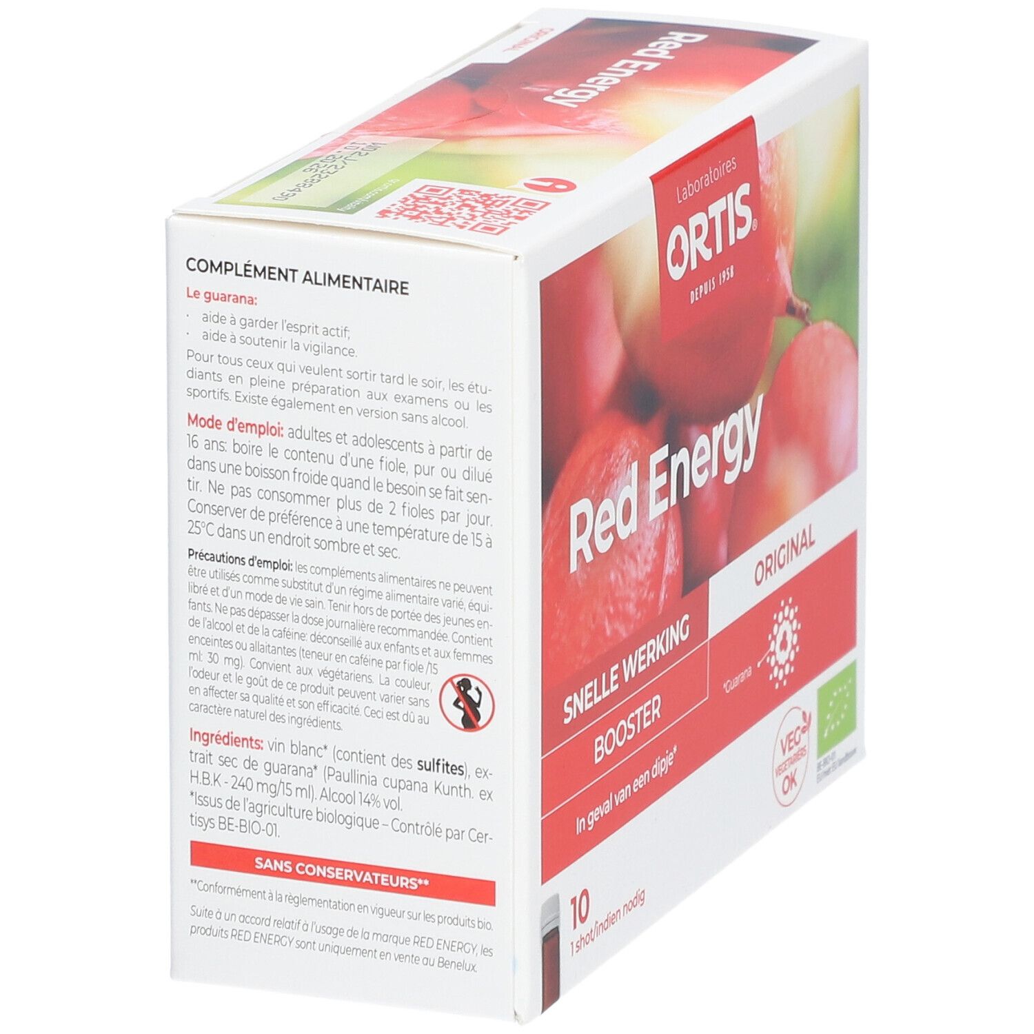 Boîte Ortis® Red Energy. Texte rouge sur fond blanc. 10 shots. Label végétarien. Vue en angle.