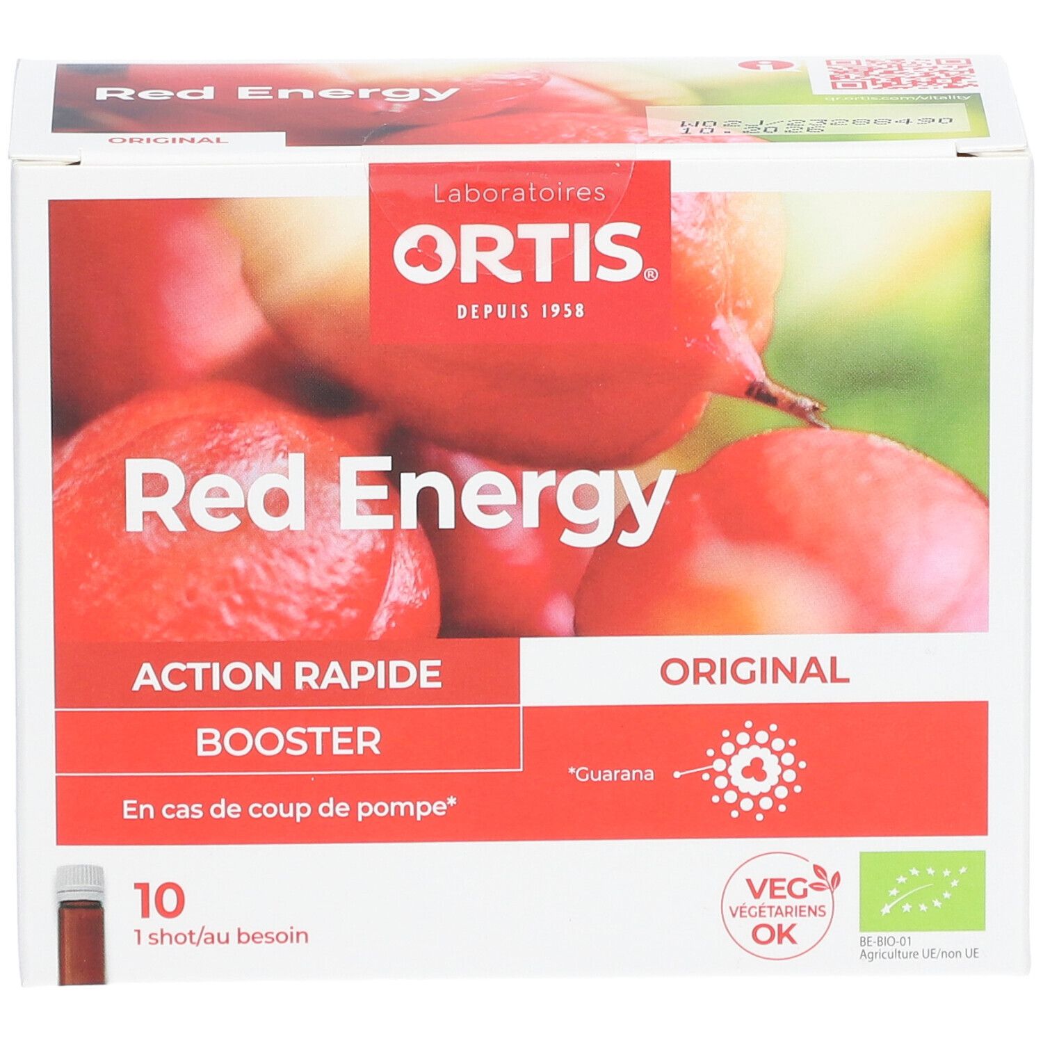 Boîte Ortis® Red Energy. Texte rouge sur fond blanc. 10 shots. Label végétarien.