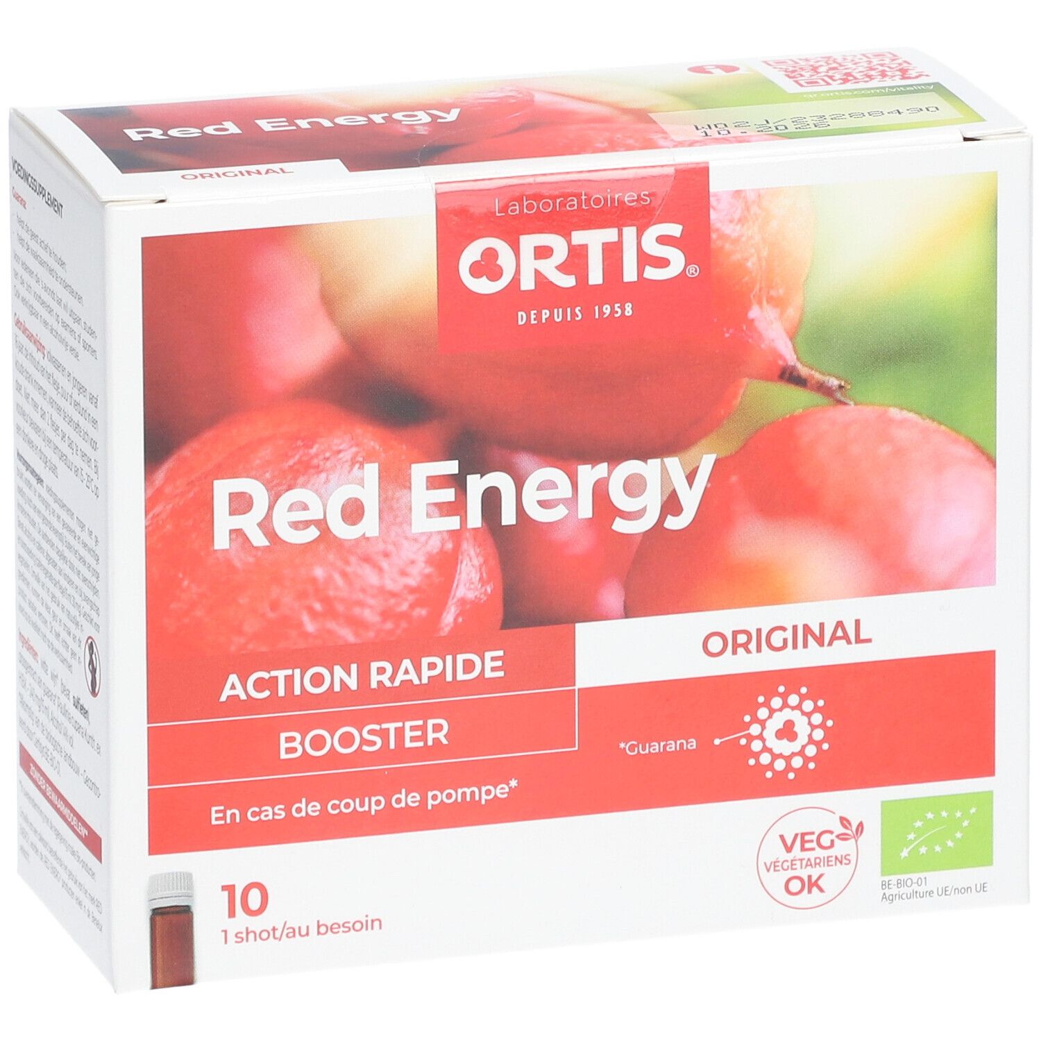 Boîte Ortis® Red Energy. Texte rouge sur fond blanc. 10 shots. Label végétarien. Vue en angle.