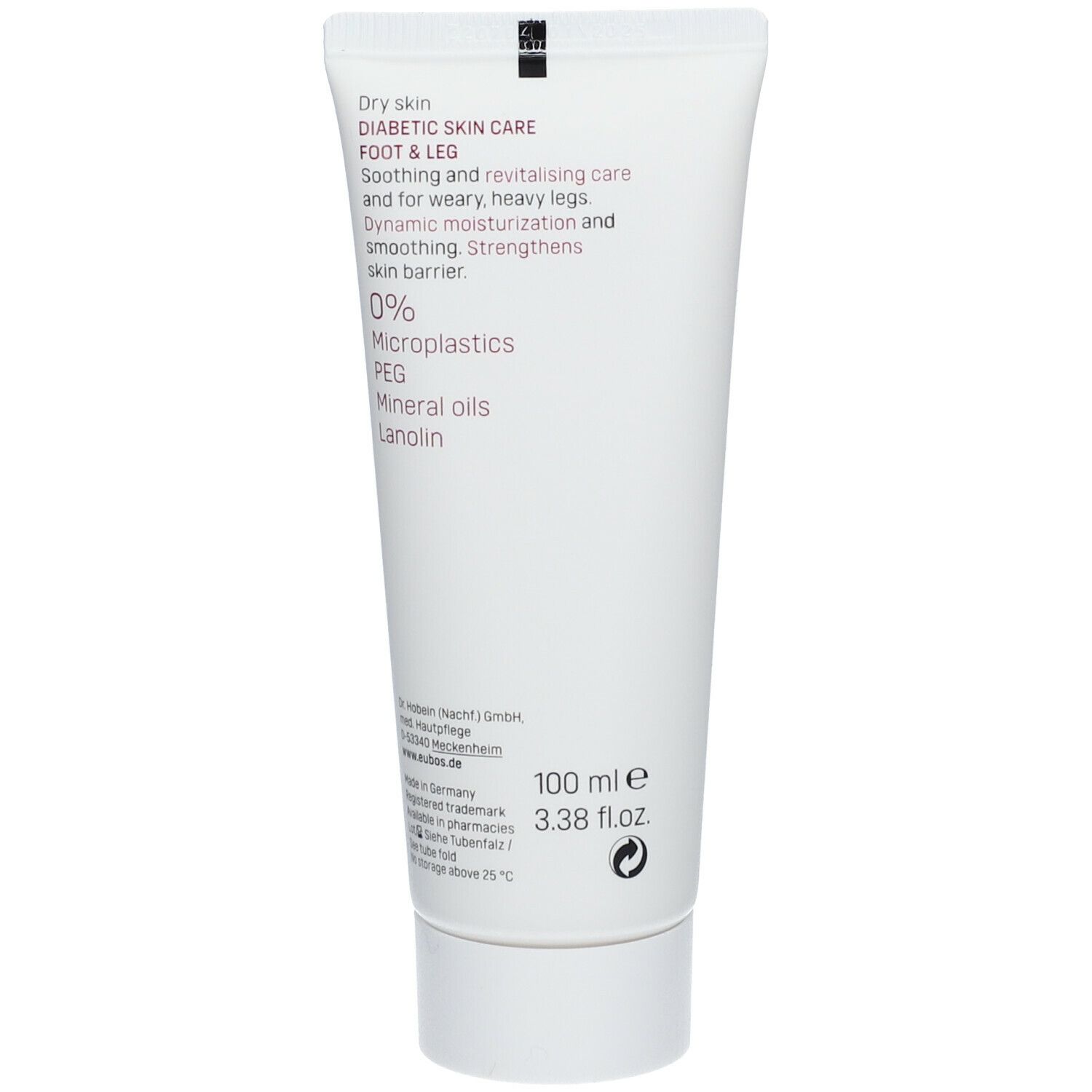 Rückseite der Tube. Text: Diabetische Hautpflege, Fuß & Bein. 0% Mikroplastik, PEG, Mineralöle, Lanolin. 100 ml.