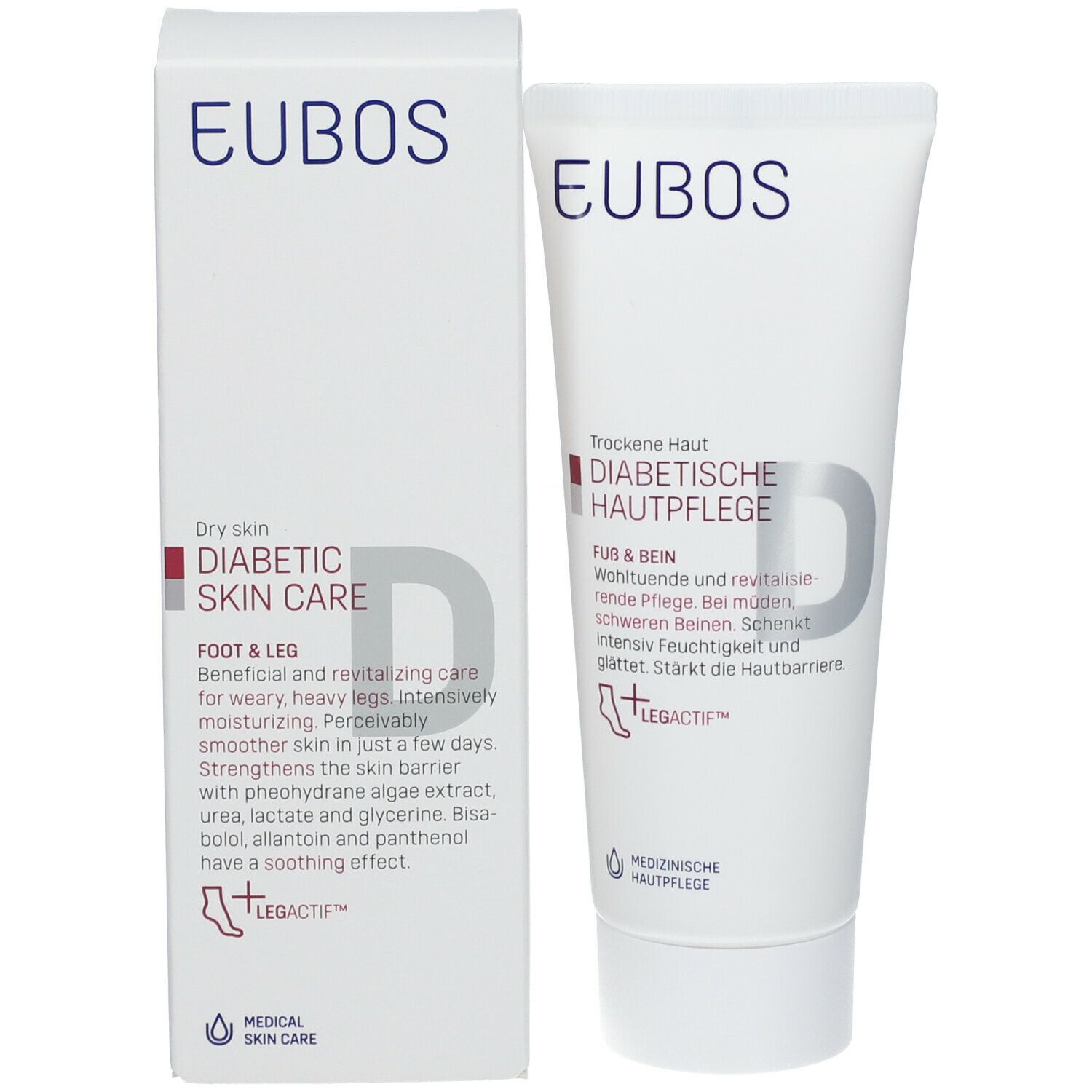 Produktverpackung mit Tube. EUBOS Logo, Diabetische Hautpflege, Fuß & Bein. Medizinische Hautpflege. Weiße Verpackung.