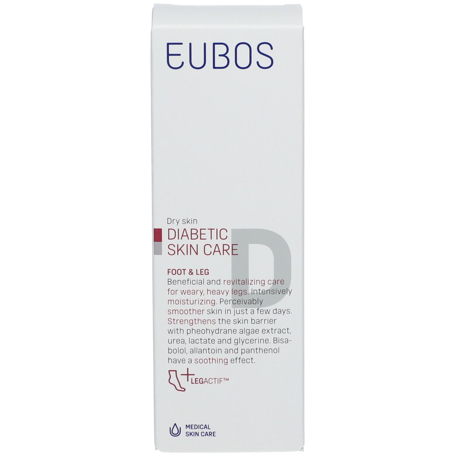 Weiße Produktverpackung. EUBOS Logo, Diabetische Hautpflege, Fuß & Bein. Medizinische Hautpflege. Text.