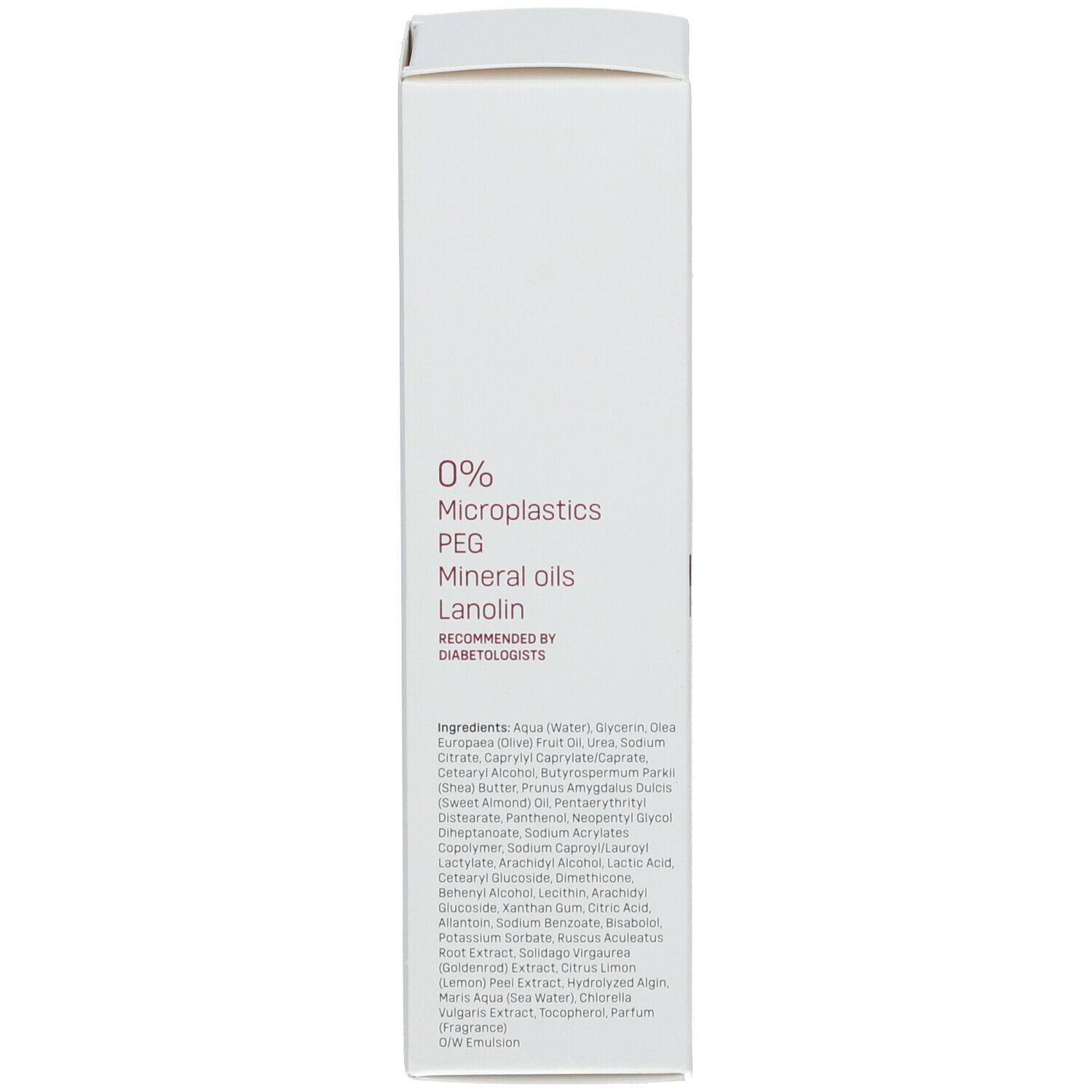 Rückseite der Verpackung. Inhaltsstoffe, 0% Mikroplastik, PEG, Mineralöle, Lanolin. Empfohlen von Dermatologen.