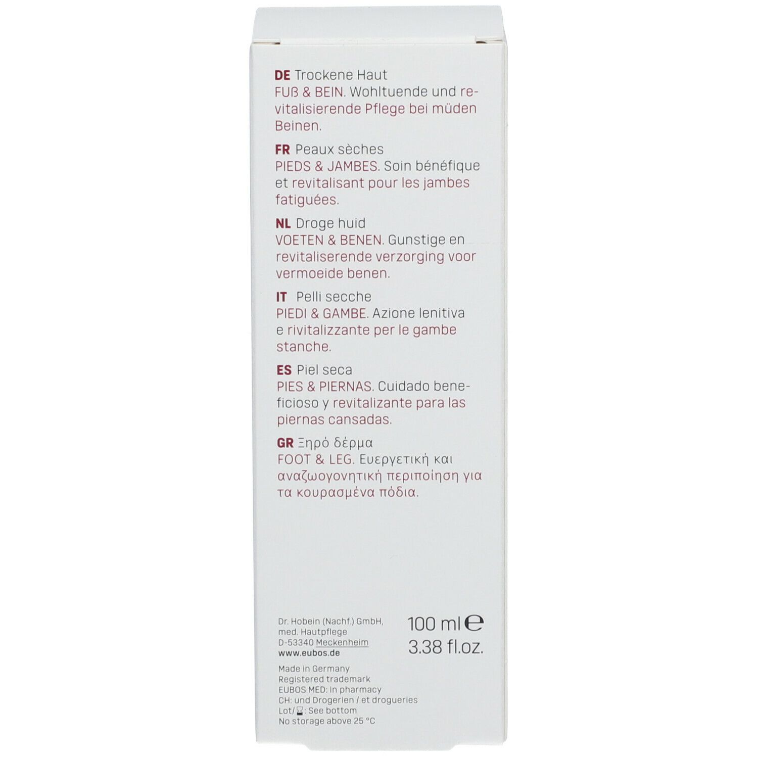 Text auf der Verpackung. DE: Trockene Haut, Fuß & Bein. FR: Peaux sèches, Pieds & Jambes. NL: Voeten & Benen. IT: Piedi & Gambe.