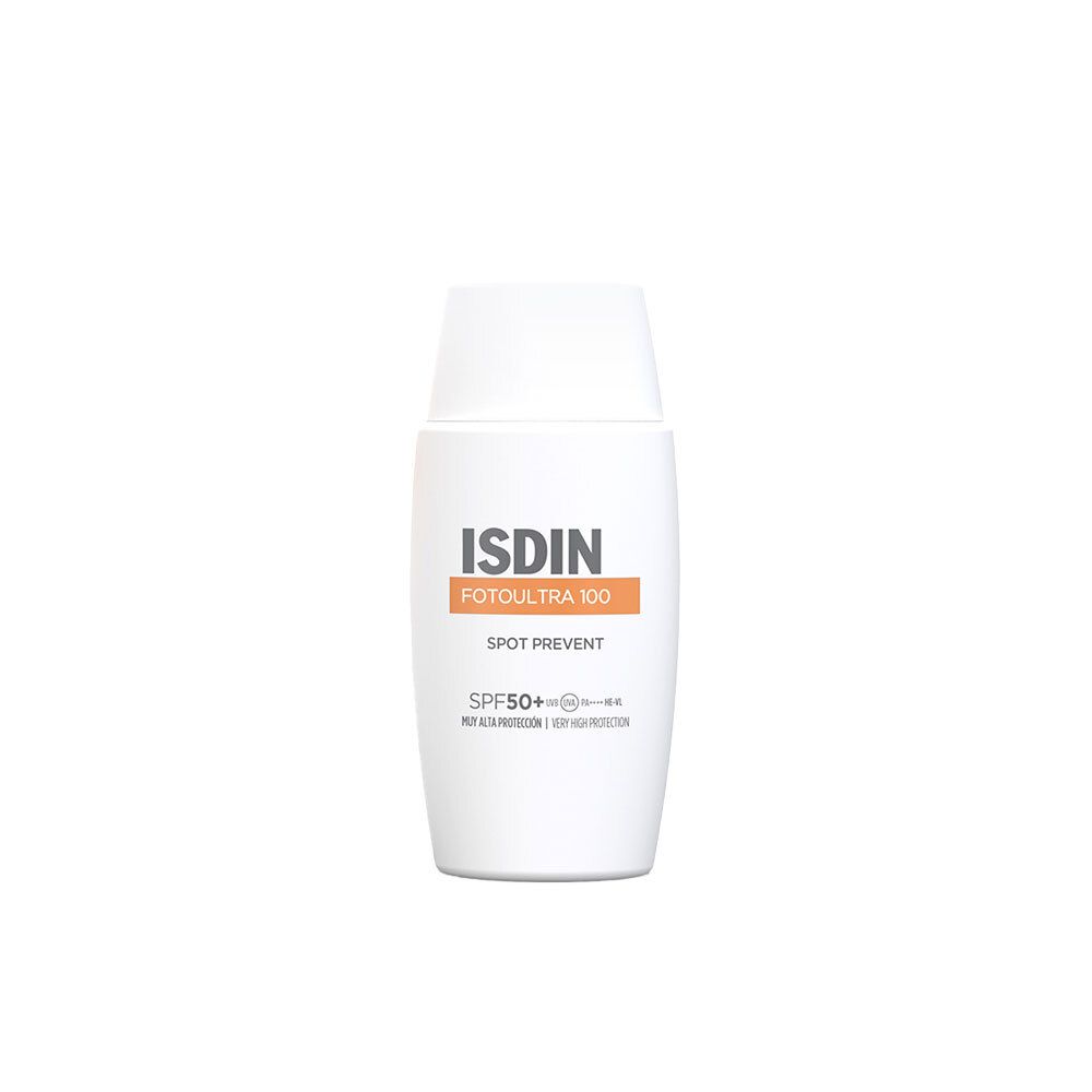 Witte fles ISDIN FotoUltra 100 Spot Prevent. SPF 50+. Oranje streep. Productnaam en SPF duidelijk zichtbaar.