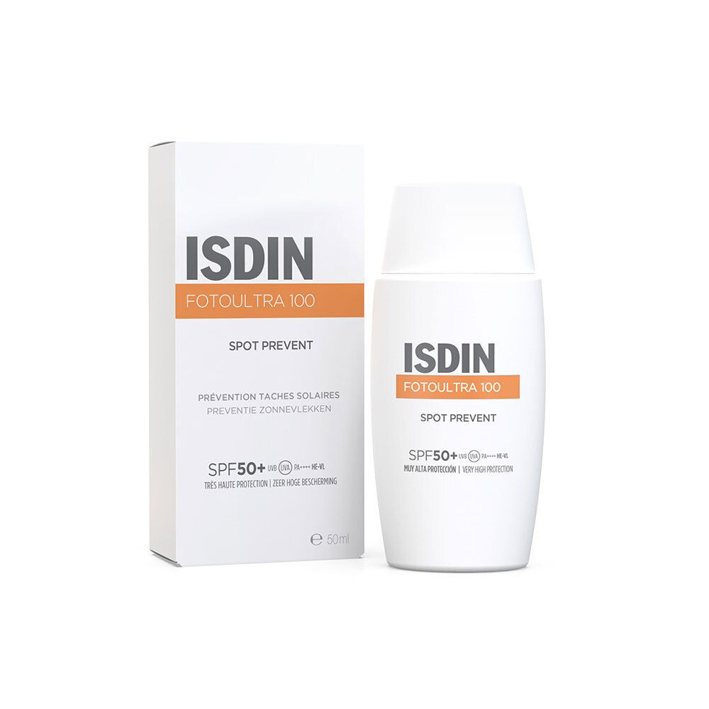 Verpakking en fles. ISDIN FotoUltra 100 Spot Prevent. SPF 50+. Witte doos met productafbeelding.
