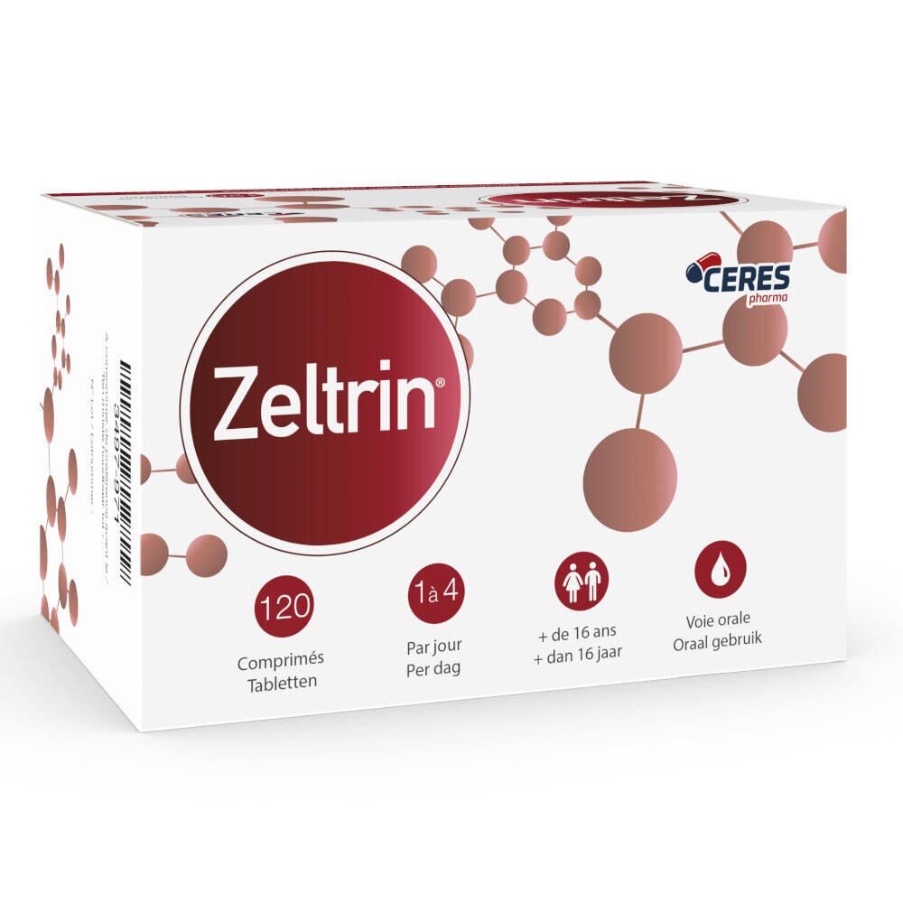Witte Zeltrin-verpakking met rood logo. Bevat 120 tabletten. Dosering: 1-4 per dag. Geschikt voor 16+. Oraal gebruik.