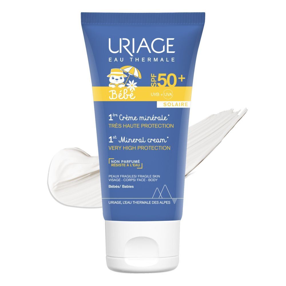 Tube Uriage Bébé Crème minérale SPF50+. Tube bleu avec crème. Contient du texte. 1ère crème minérale, très haute protection.