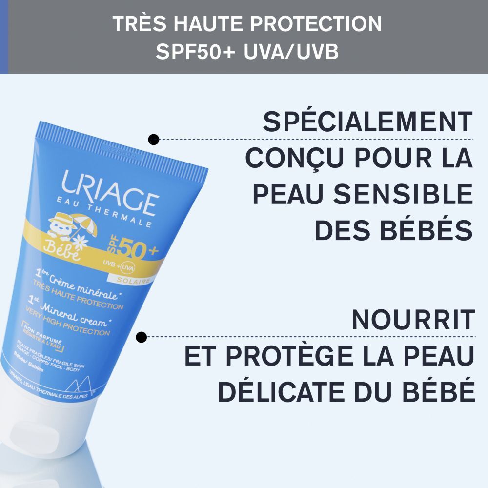 Tube Uriage Bébé Crème minérale SPF50+. Tube bleu avec texte. Très haute protection SPF50+ UVA/UVB. Pour bébés.