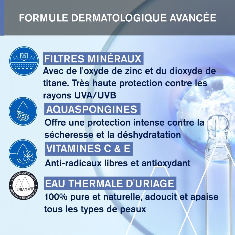 Uriage Bébé Crème minérale SPF50+ ingrédients. Texte: Formule dermatologique avancée. Filtres minéraux, Aquaspongines, Vitamines C&E.