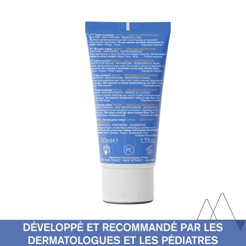 Dos du tube Uriage Bébé Crème minérale SPF50+. Tube bleu avec texte. Développé et recommandé par dermatologues et pédiatres.