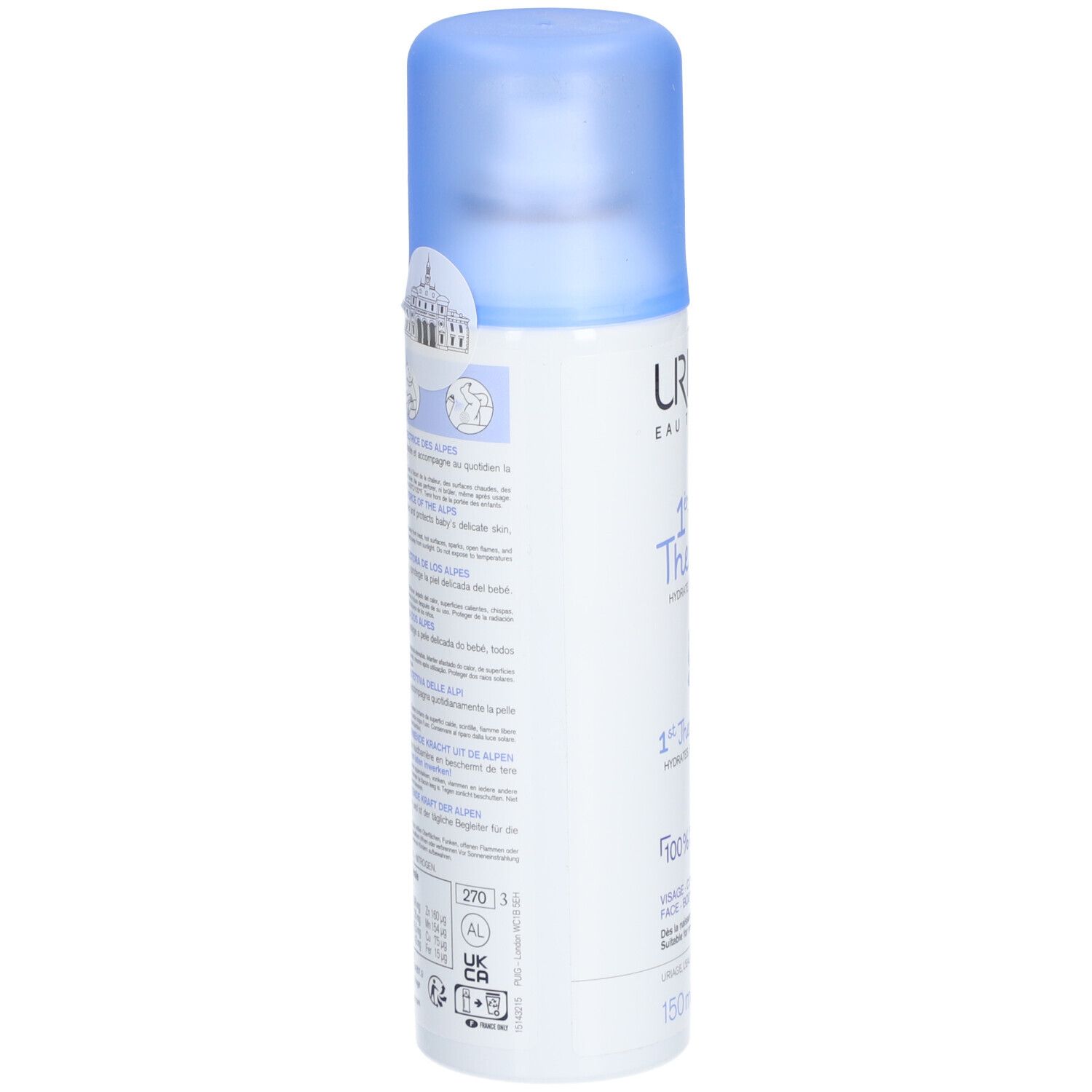 Dos du flacon spray Uriage Bébé 1ère Eau thermale. Texte: ingrédients, mode d'emploi, logos. Bouchon bleu.