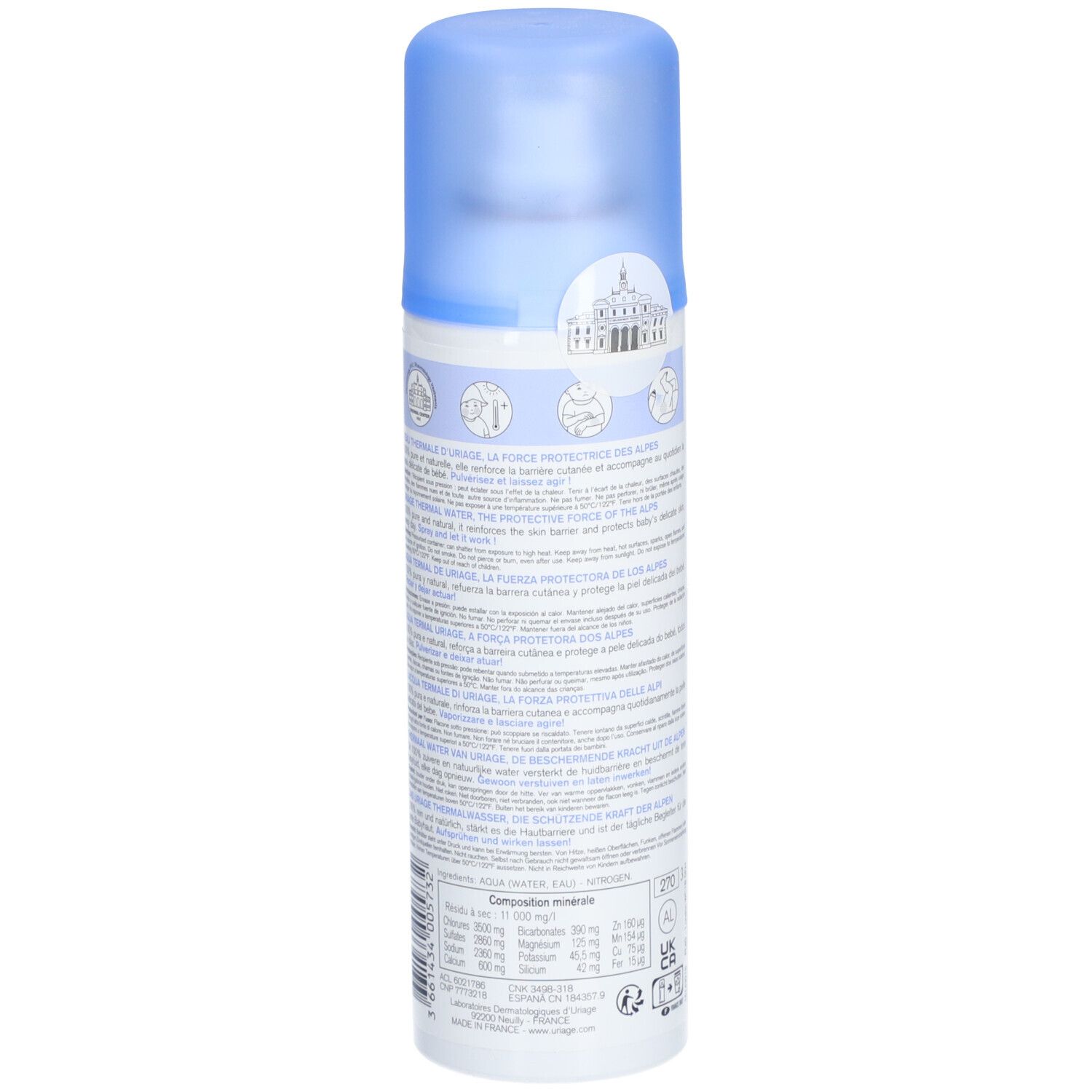 Dos du flacon spray Uriage Bébé 1ère Eau thermale. Texte: ingrédients, mode d'emploi, logos. Bouchon bleu.