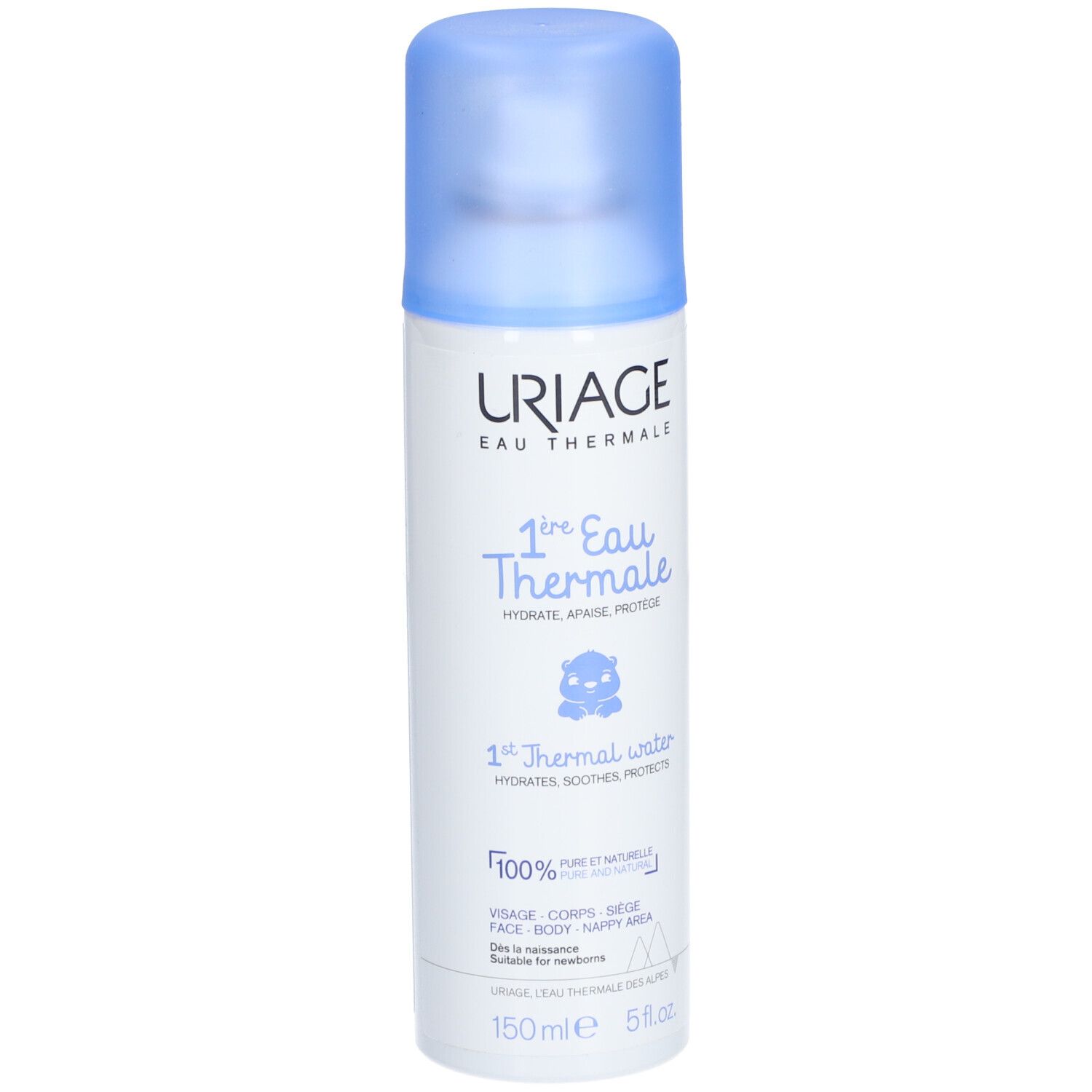 Flacon spray Uriage Bébé 1ère Eau thermale, bleu et blanc. Bouchon bleu. Texte: 1ère Eau Thermale, 100% pur et naturel.