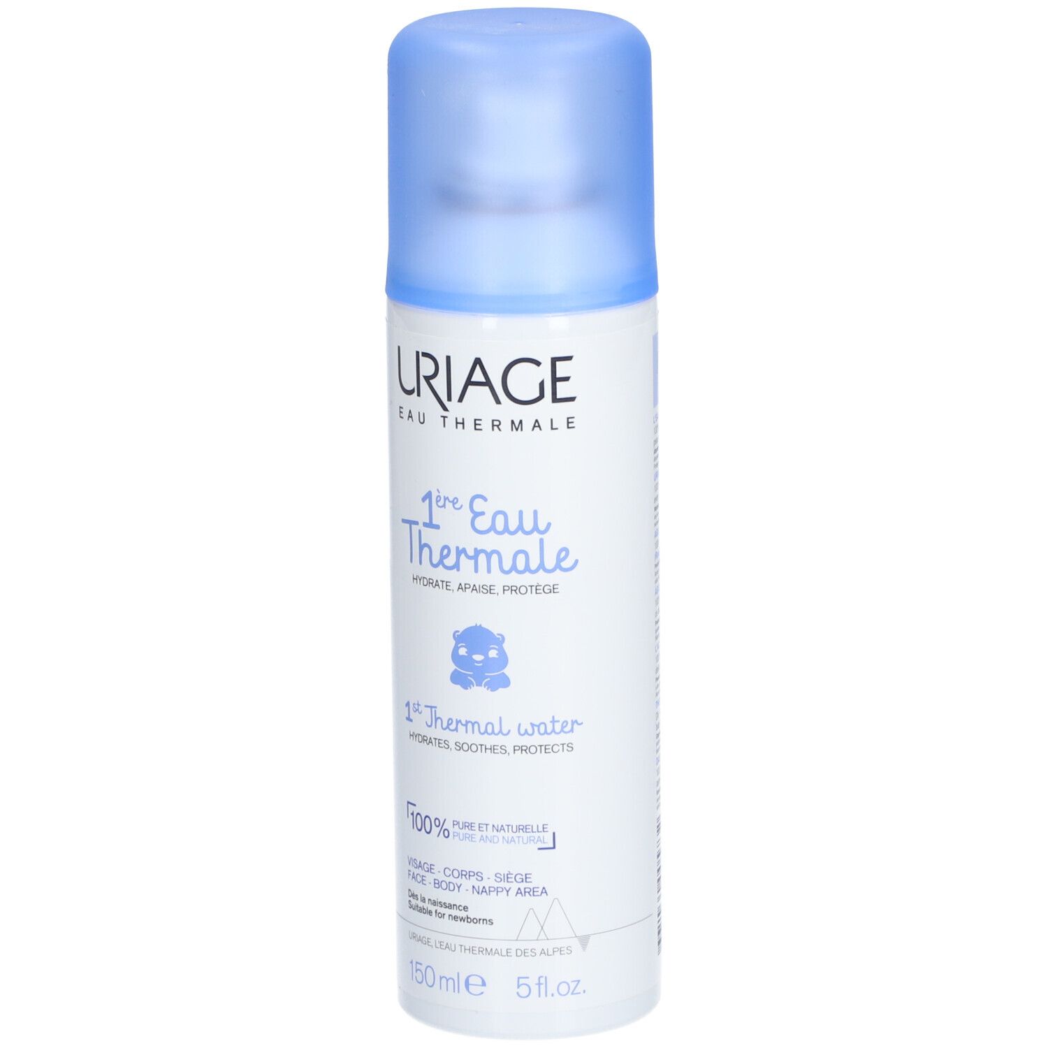 Flacon spray Uriage Bébé 1ère Eau thermale, bleu et blanc. Bouchon bleu. Texte: 1ère Eau Thermale, 100% pur et naturel.