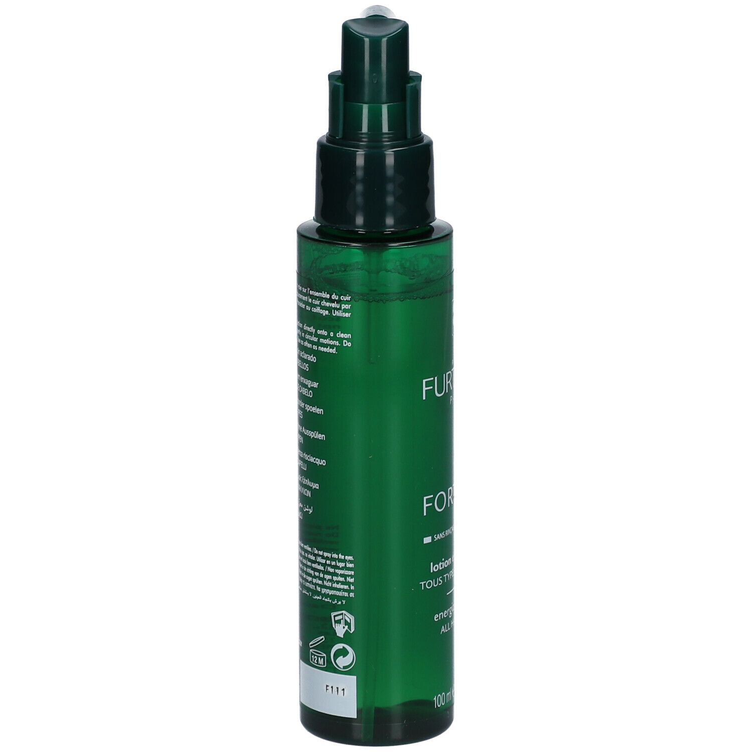 Groene fles met sproeikop. Opschrift: FORTICEA, energizing lotion. Tekst op de achterkant.