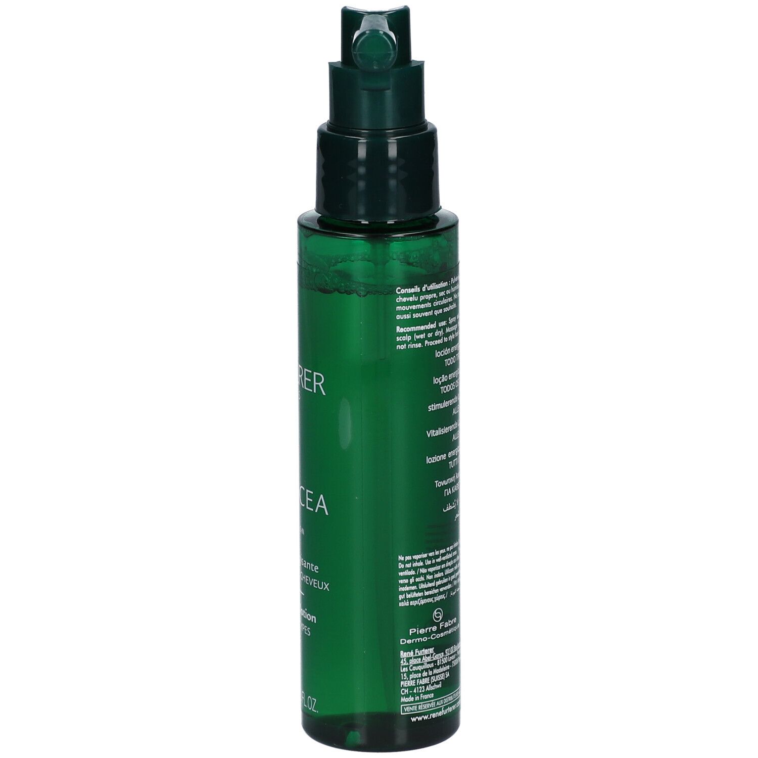 Groene fles met sproeikop. Opschrift: FORTICEA, energizing lotion. Merk: RENE FURTERER PARIS.