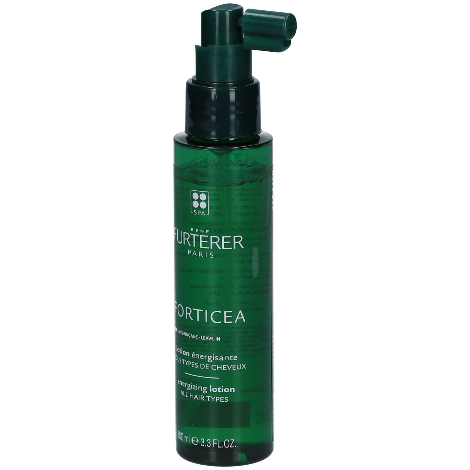Groene fles met sproeikop. Opschrift: FORTICEA, energizing lotion. Merk: RENE FURTERER PARIS.