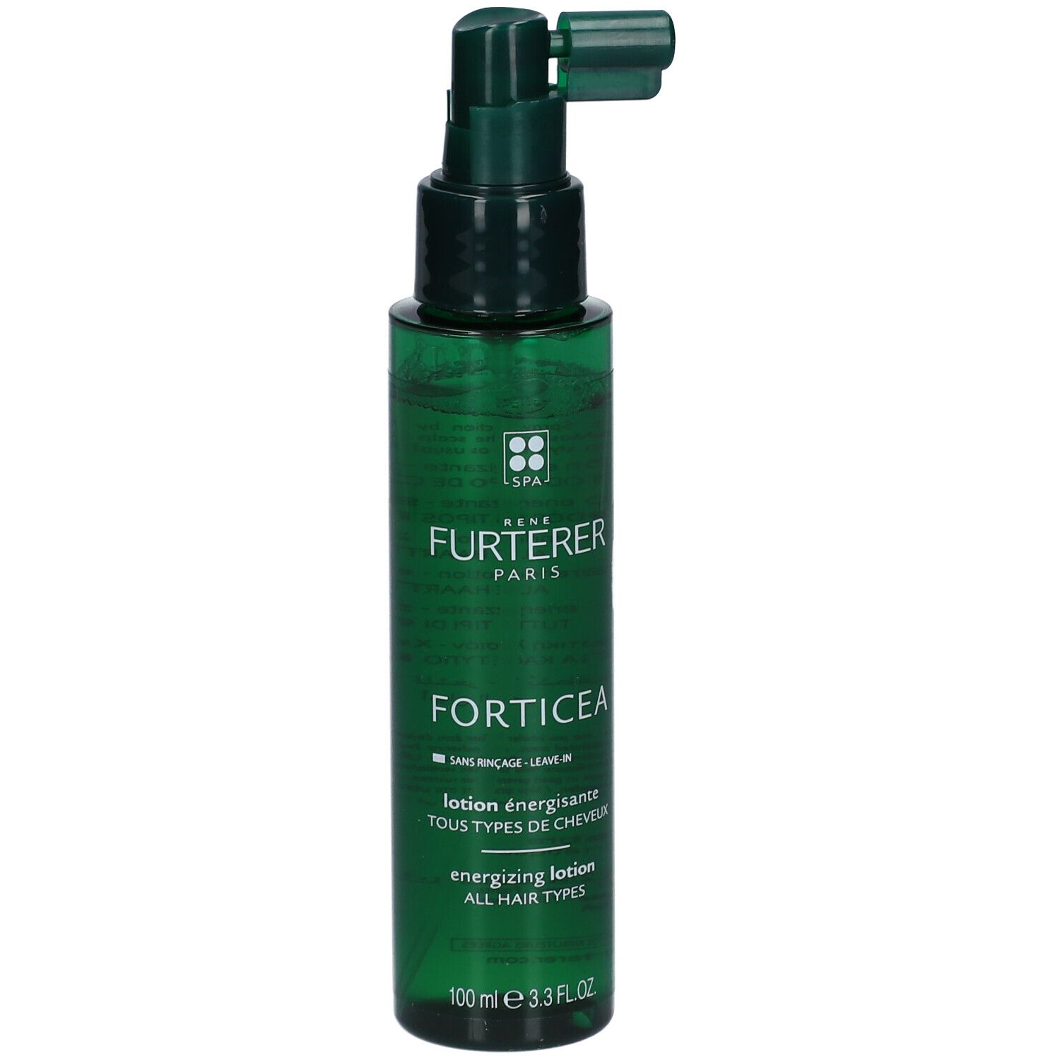 Groene fles met sproeikop. Opschrift: FORTICEA, energizing lotion. Merk: RENE FURTERER PARIS.