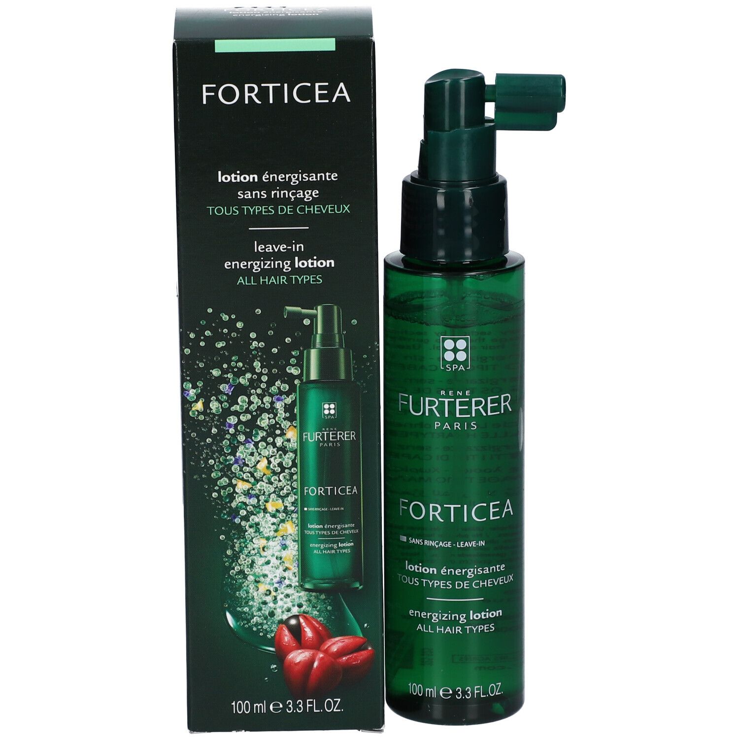 Productverpakking met fles en doos. Opschrift: FORTICEA, energizing lotion. Merk: RENE FURTERER PARIS.