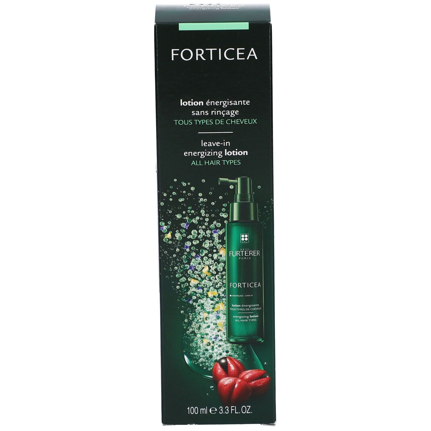 Productverpakking met doos. Opschrift: FORTICEA, energizing lotion. Merk: RENE FURTERER PARIS.