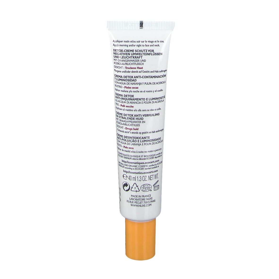 Dos du tube. Textes multilingues : Crème Détox, Detox Cream, Crème Détox Anti-Contaminación. Ingrédients, informations fabricant, certification.
