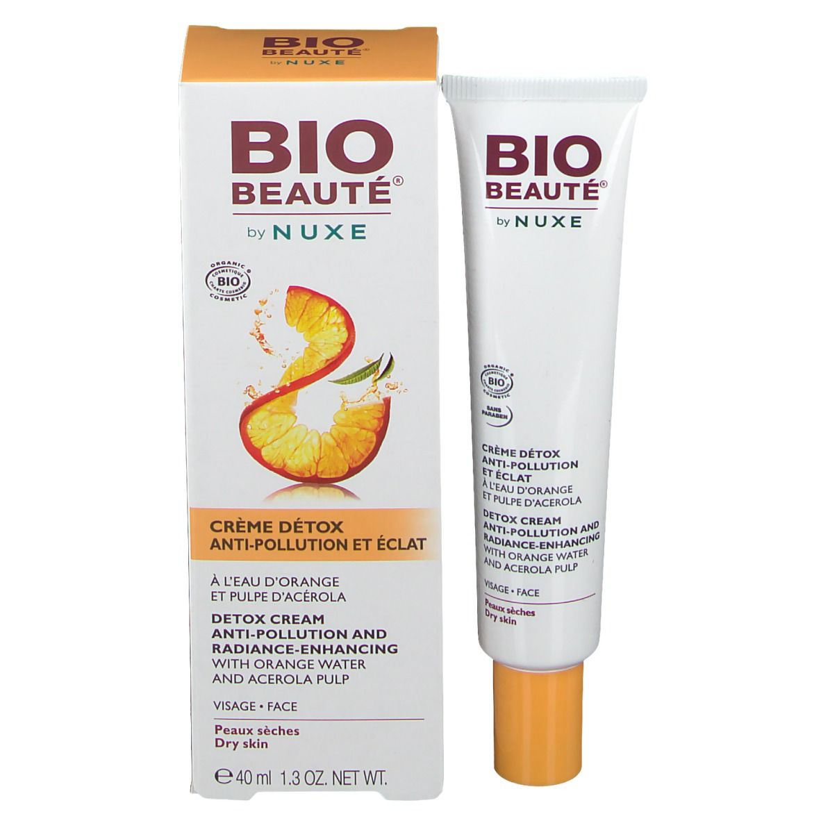 Produit BIO-BEAUTÉ avec emballage. Tube et boîte. Texte : Crème Détox Anti-Pollution et Éclat. À l'eau d'orange et pulpe d'acérola.