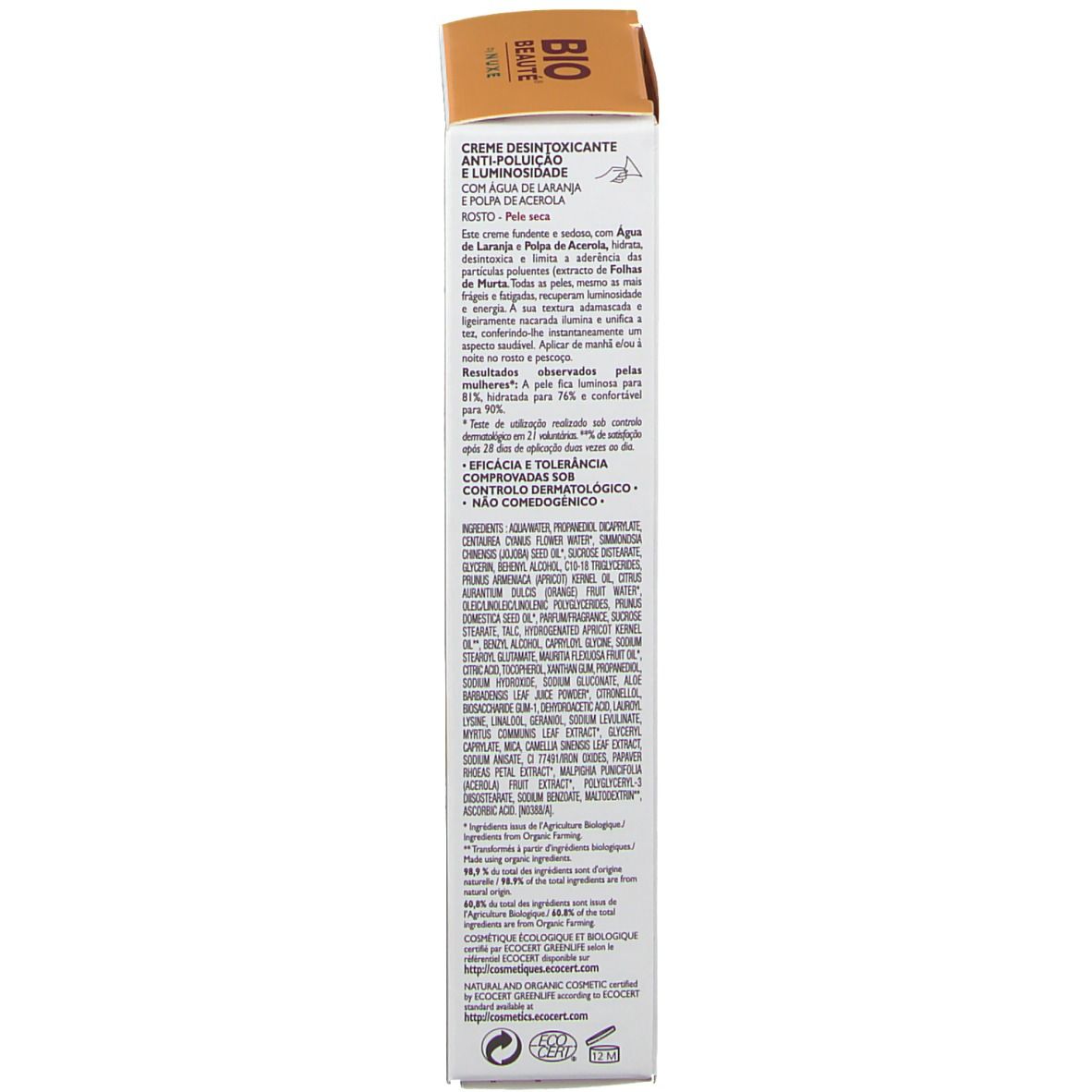 Côté de l'emballage. Texte : Crème Désintoxicante Anti-Contaminación y Luminosidad. Ingrédients, utilisation, résultats, contrôle dermatologique.