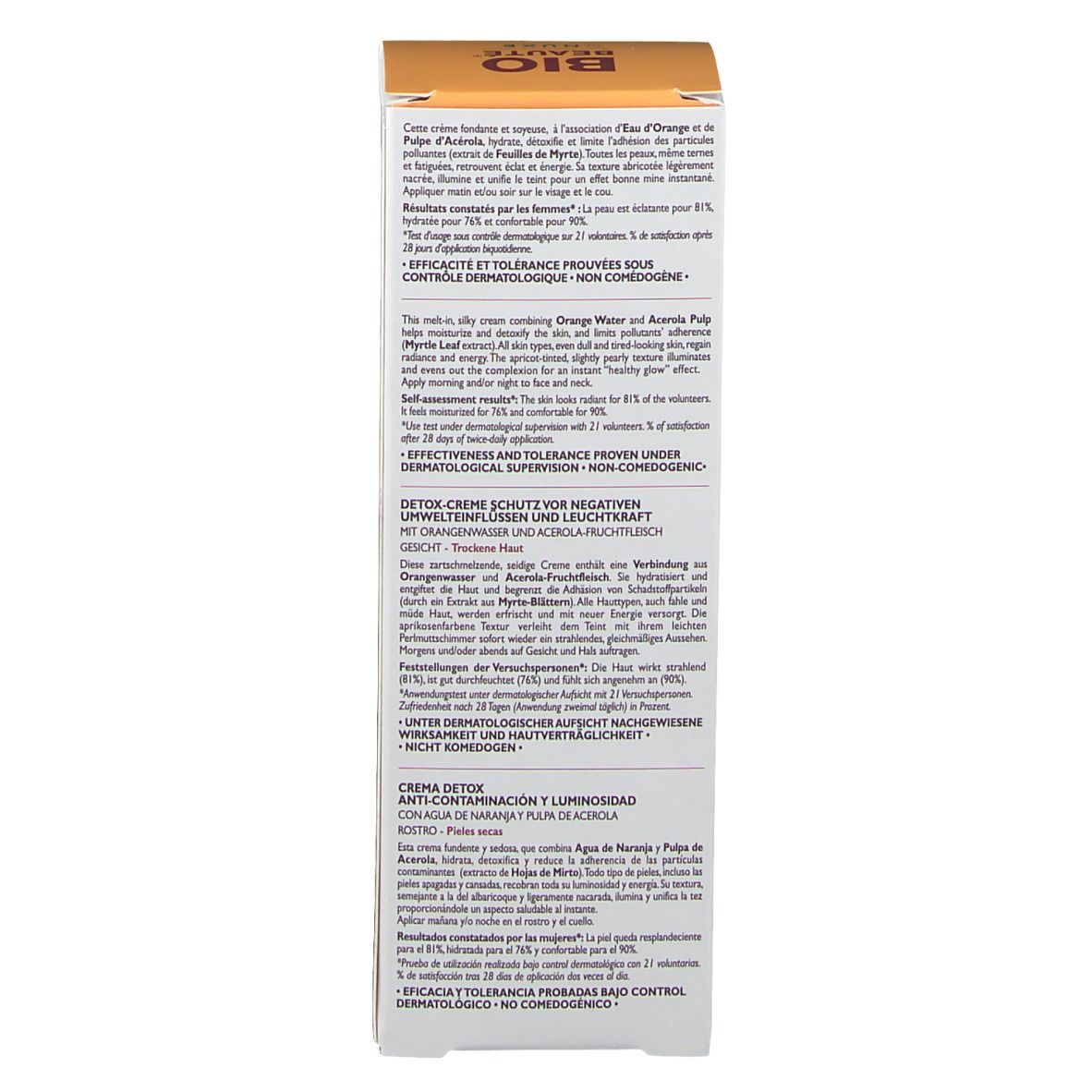 Côté de l'emballage. Texte : Crème Détox Anti-Pollution et Éclat. Résultats, contrôle dermatologique, ingrédients, informations fabricant.