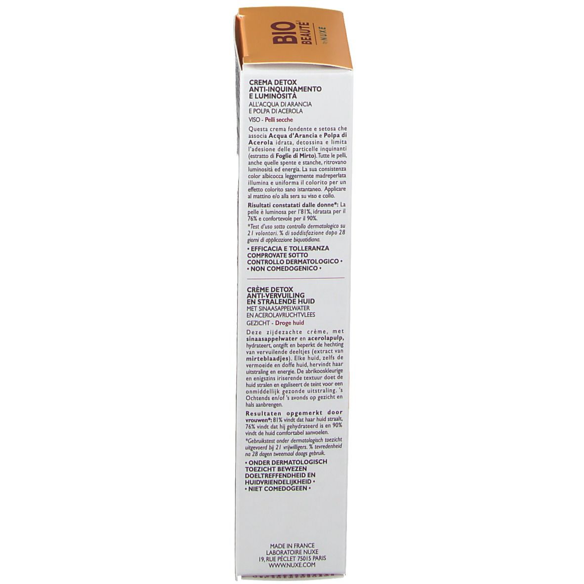 Côté de l'emballage. Texte : Crème Détox Anti-Vervuiling en Lichtheid. Ingrédients, utilisation, résultats, contrôle dermatologique, fabricant.