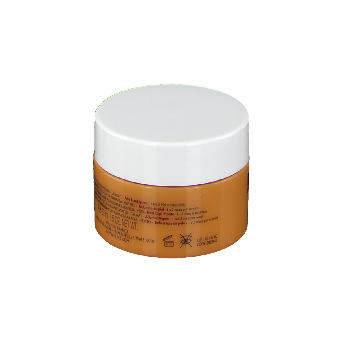 Pot rond, couvercle blanc. Contenant orange avec texte. Texte: Tous types de peaux. 1.5 OZ NET WT. Fabriqué en France.