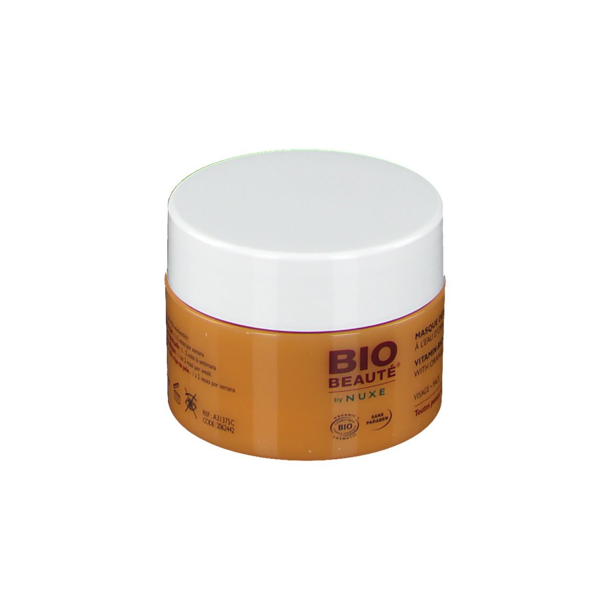Pot rond, couvercle blanc. Contenant orange avec logo BIO-BEAUTE by NUXE. Texte: Masque détox éclat vitaminé. Certification bio.