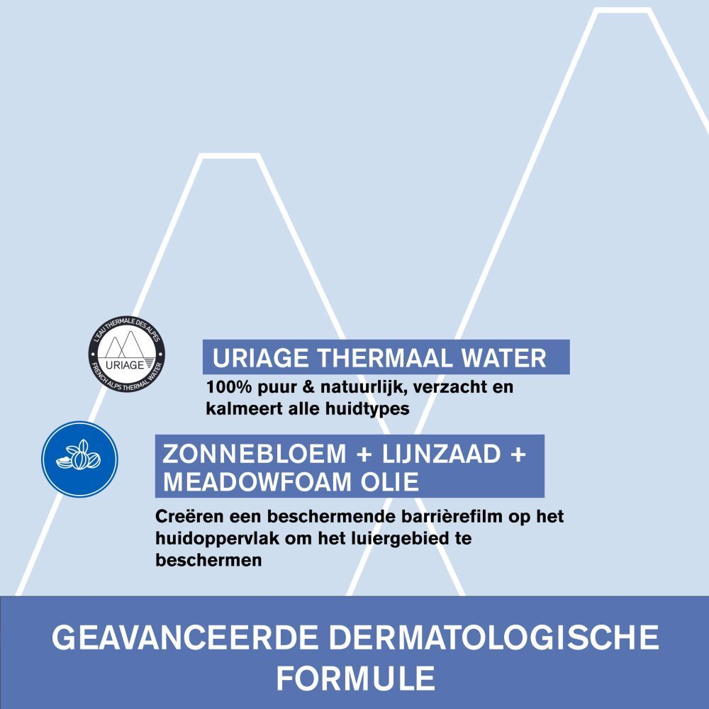 Tekst: Uriage Thermaal Water, 100% puur & natuurlijk, verzacht alle huidtypes. Zonnebloem + lijnzaad + Meadowfoam olie.