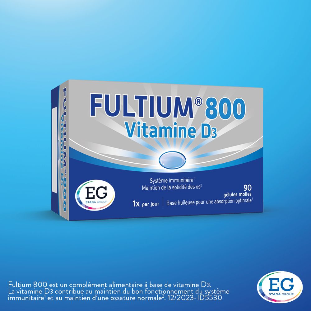 Boîte de Fultium® 800, Vitamine D3. Emballage bleu et blanc. 90 gélules.
