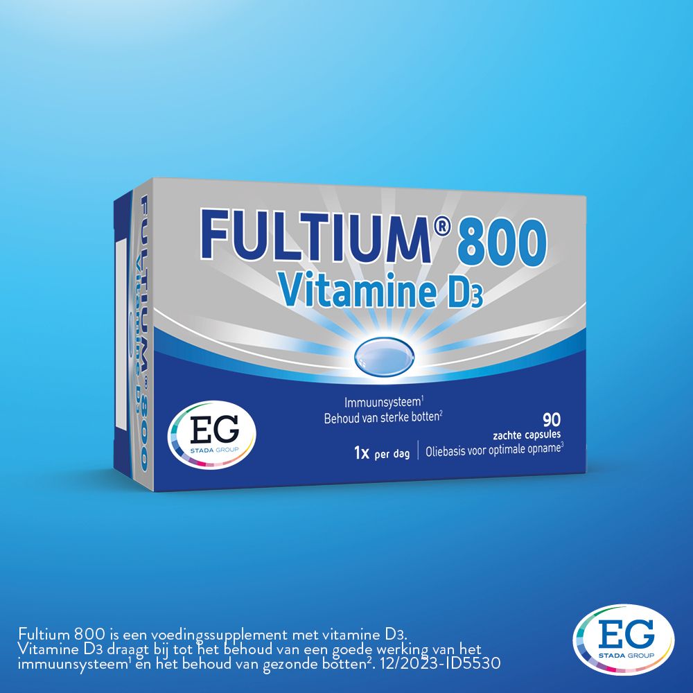 Verpakking van Fultium® 800, Vitamine D3. Blauw en witte verpakking. 90 capsules.