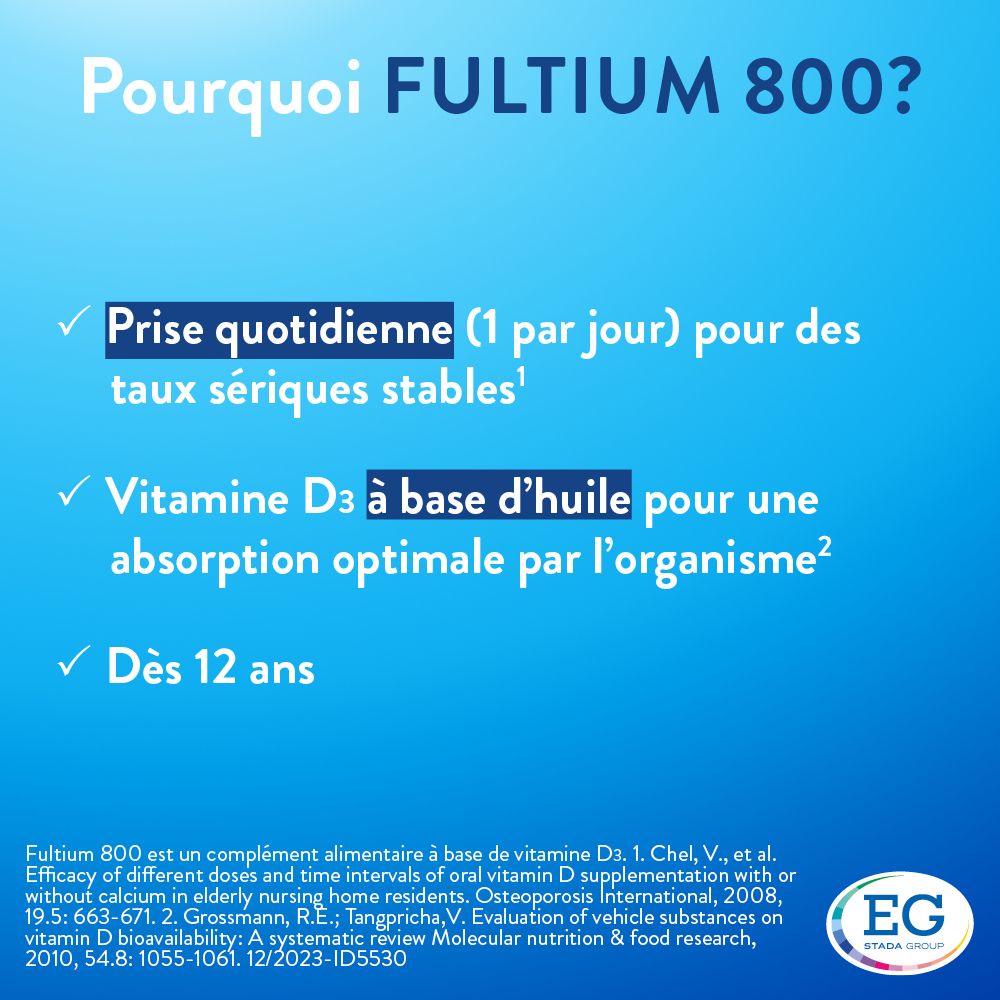 Boîte de Fultium® 800, Vitamine D3. Emballage bleu et blanc. 90 gélules.