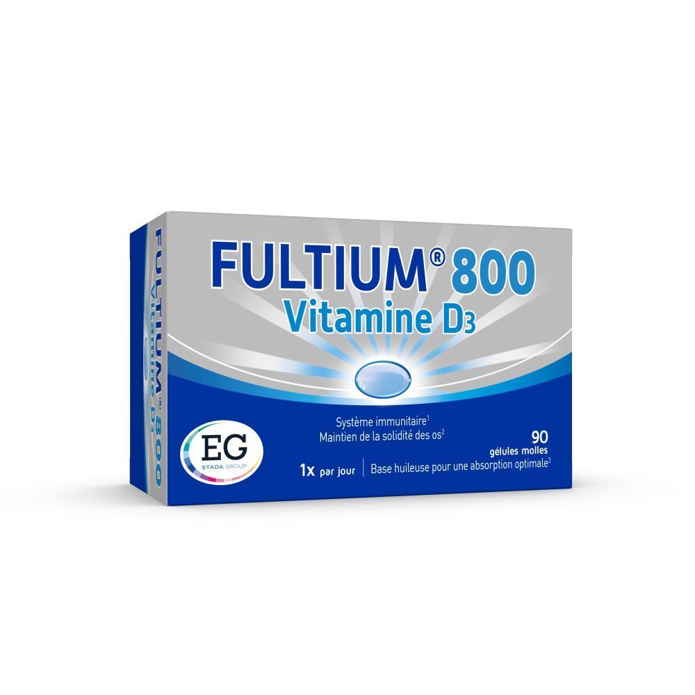 Verpakking van Fultium® 800, Vitamine D3. Blauw en witte verpakking. 90 capsules.