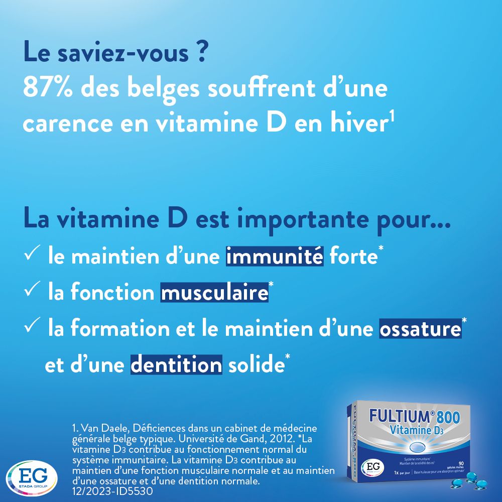 Boîte de Fultium® 800, Vitamine D3. Emballage bleu et blanc. 90 gélules.