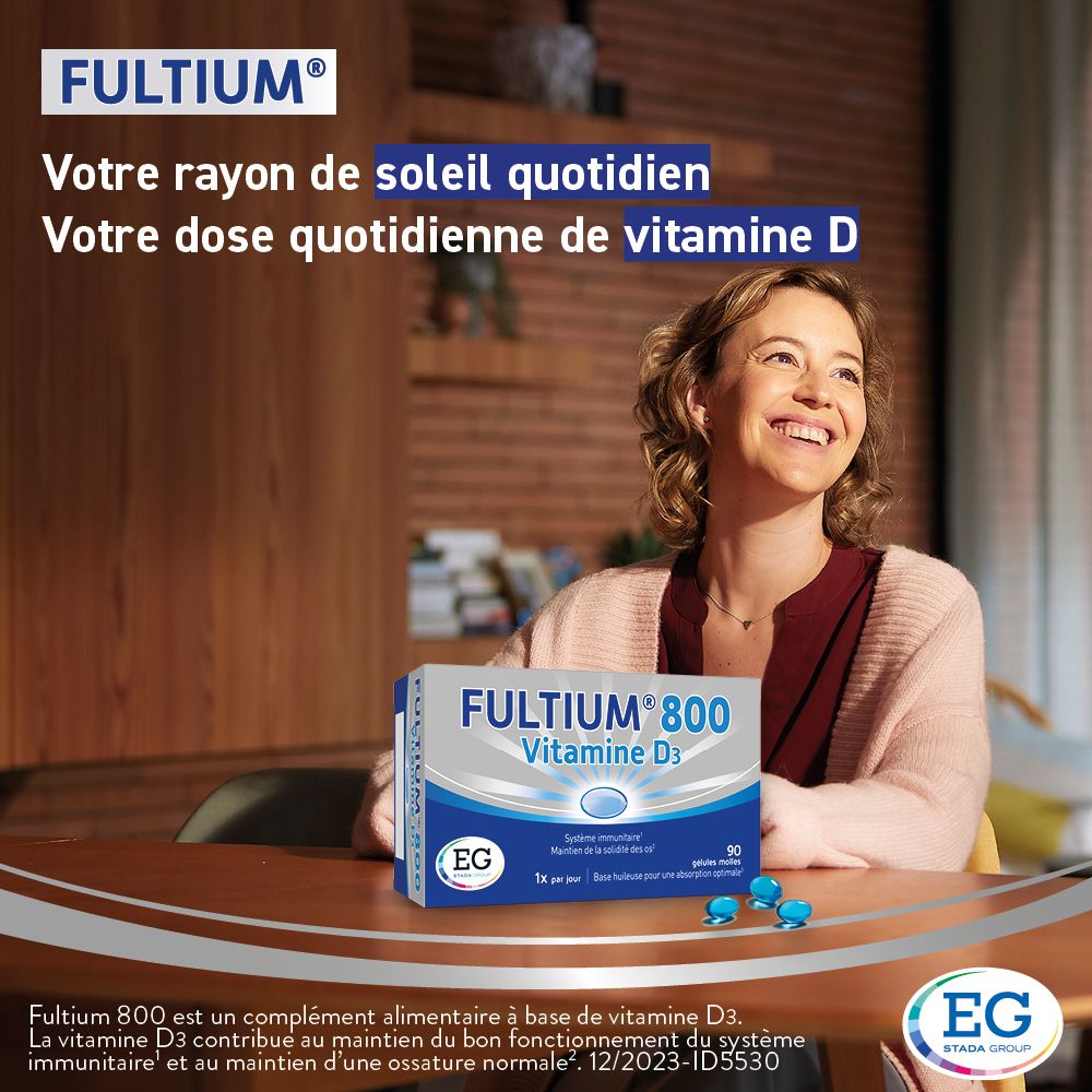 Boîte de Fultium® 800, Vitamine D3. Emballage bleu et blanc. 90 gélules.